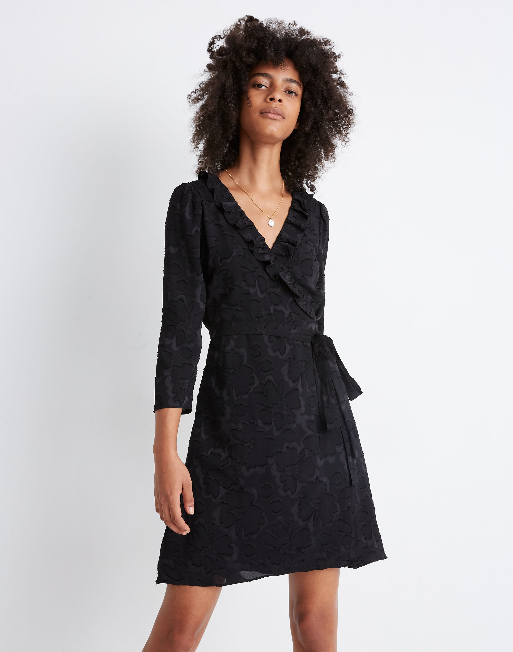 ruffled wrap dress in floral jacquard