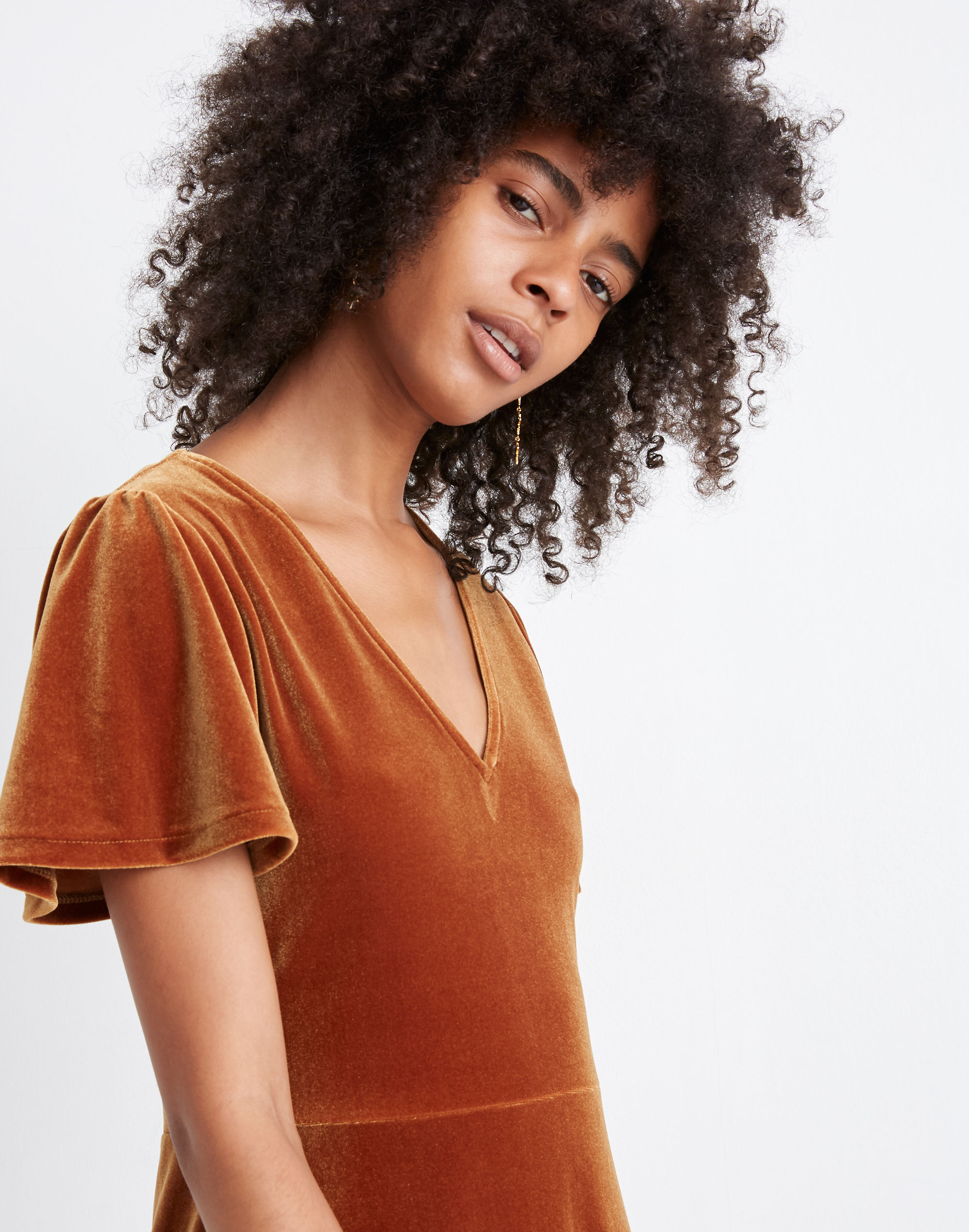 Velvet V-Neck Flutter-Sleeve Dress