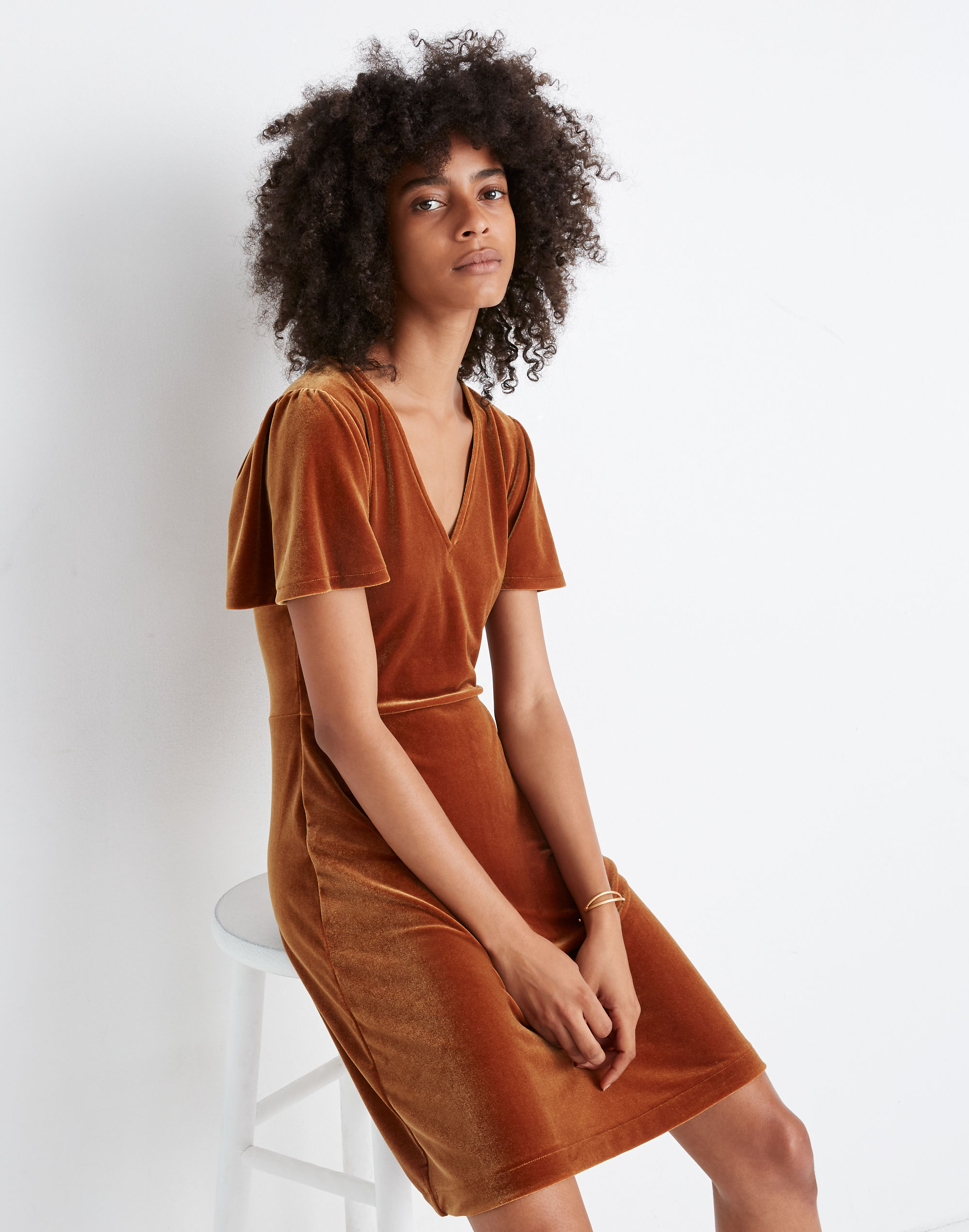 Velvet V-Neck Flutter-Sleeve Dress