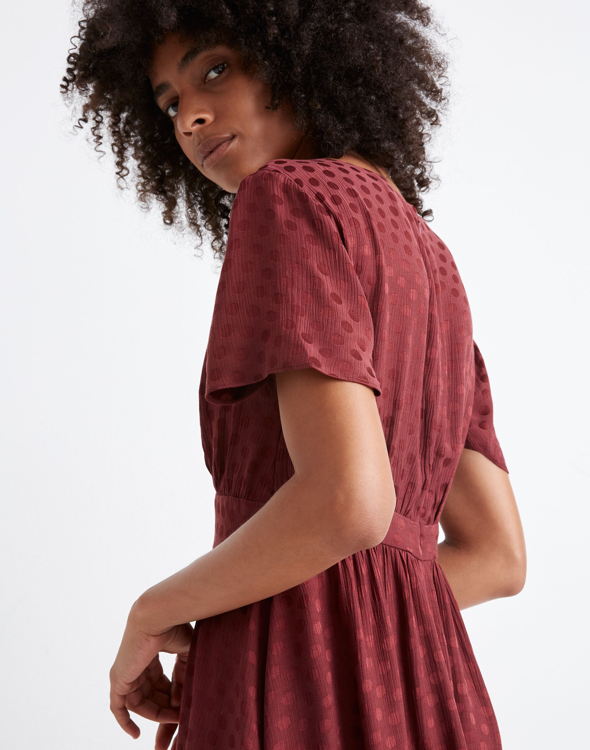 V-Neck Fit-and-Flare Dress in Dot Jacquard