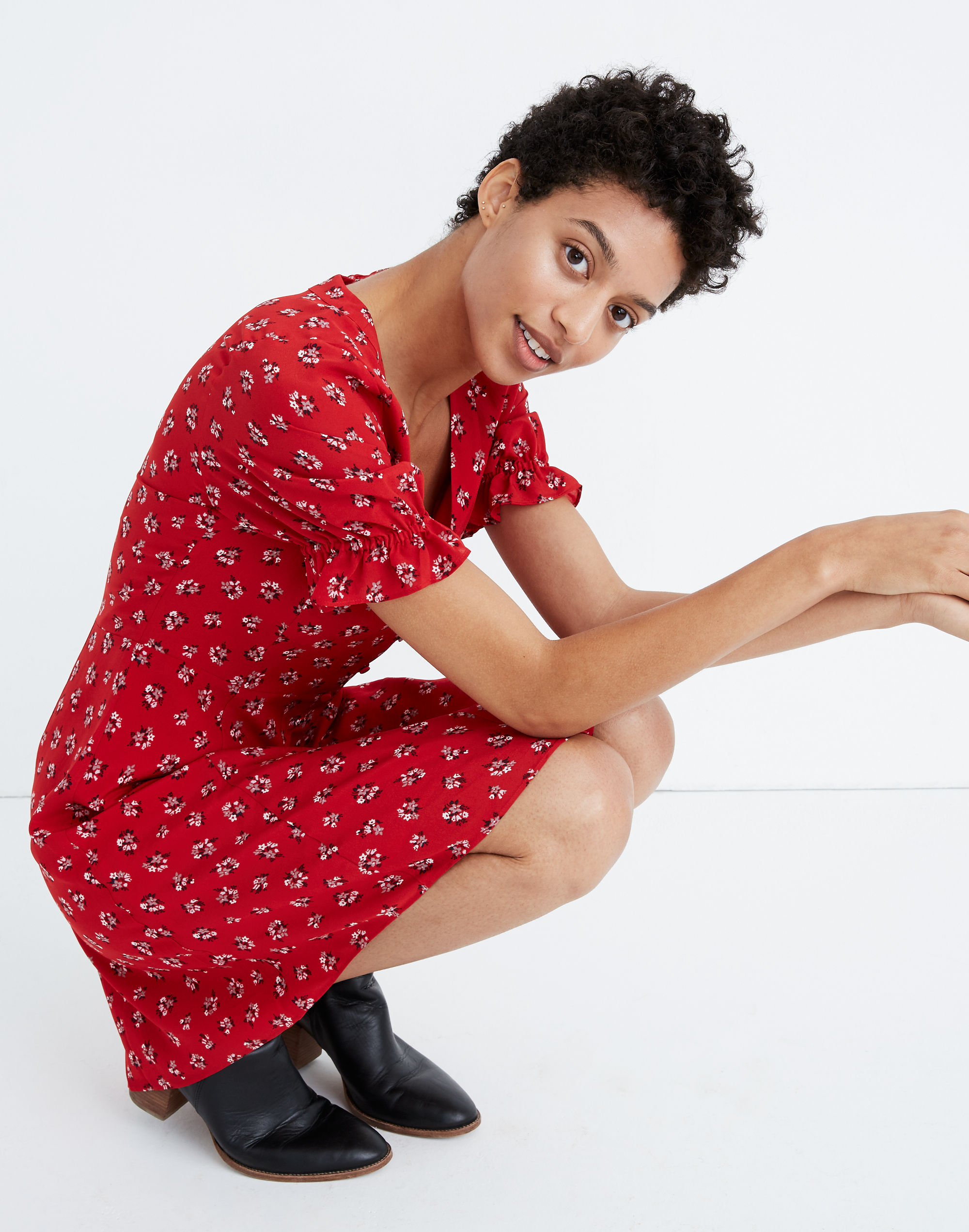 Silk Ruffle-Sleeve Button-Front Dress in Little Lilies