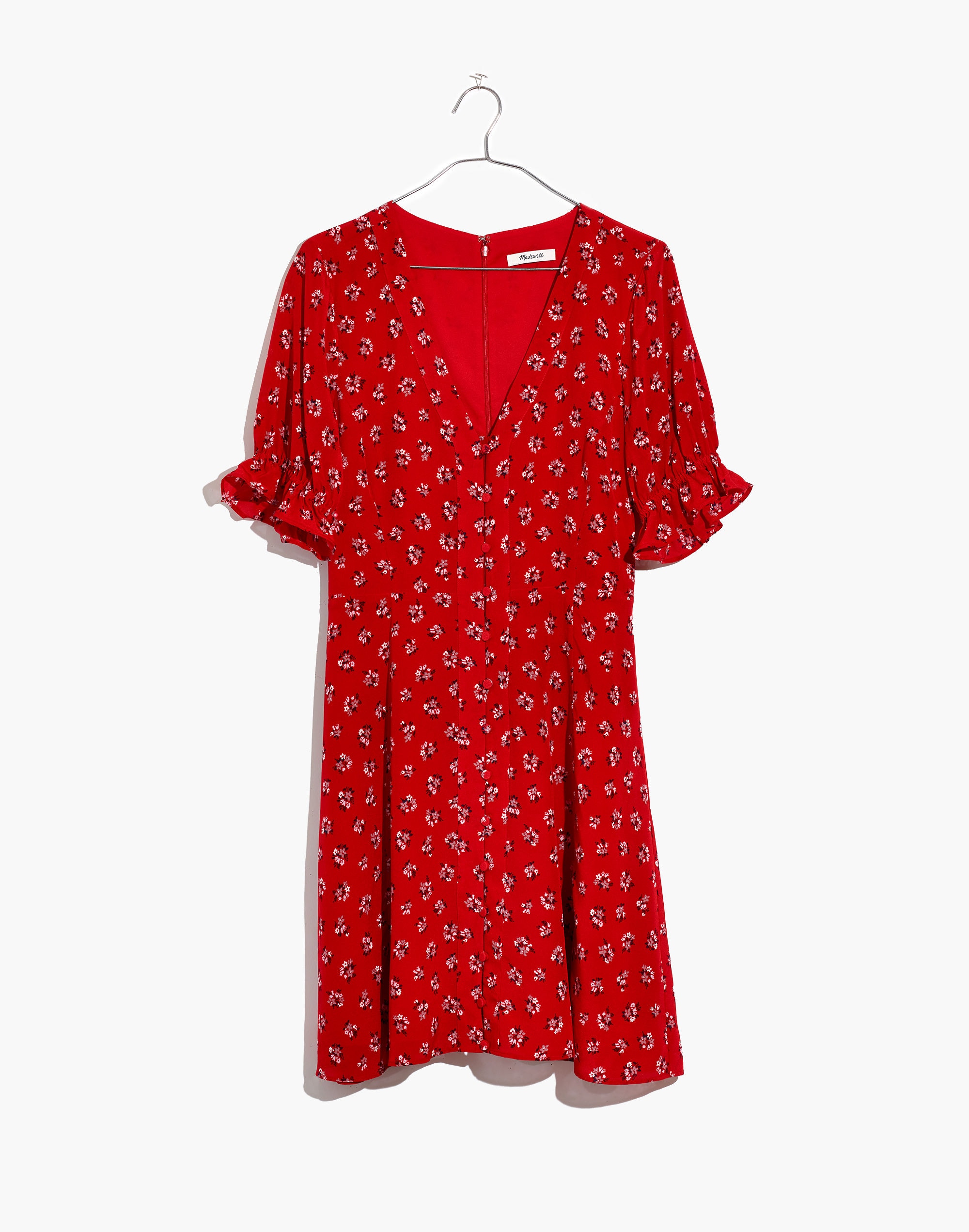 Silk Ruffle-Sleeve Button-Front Dress in Little Lilies