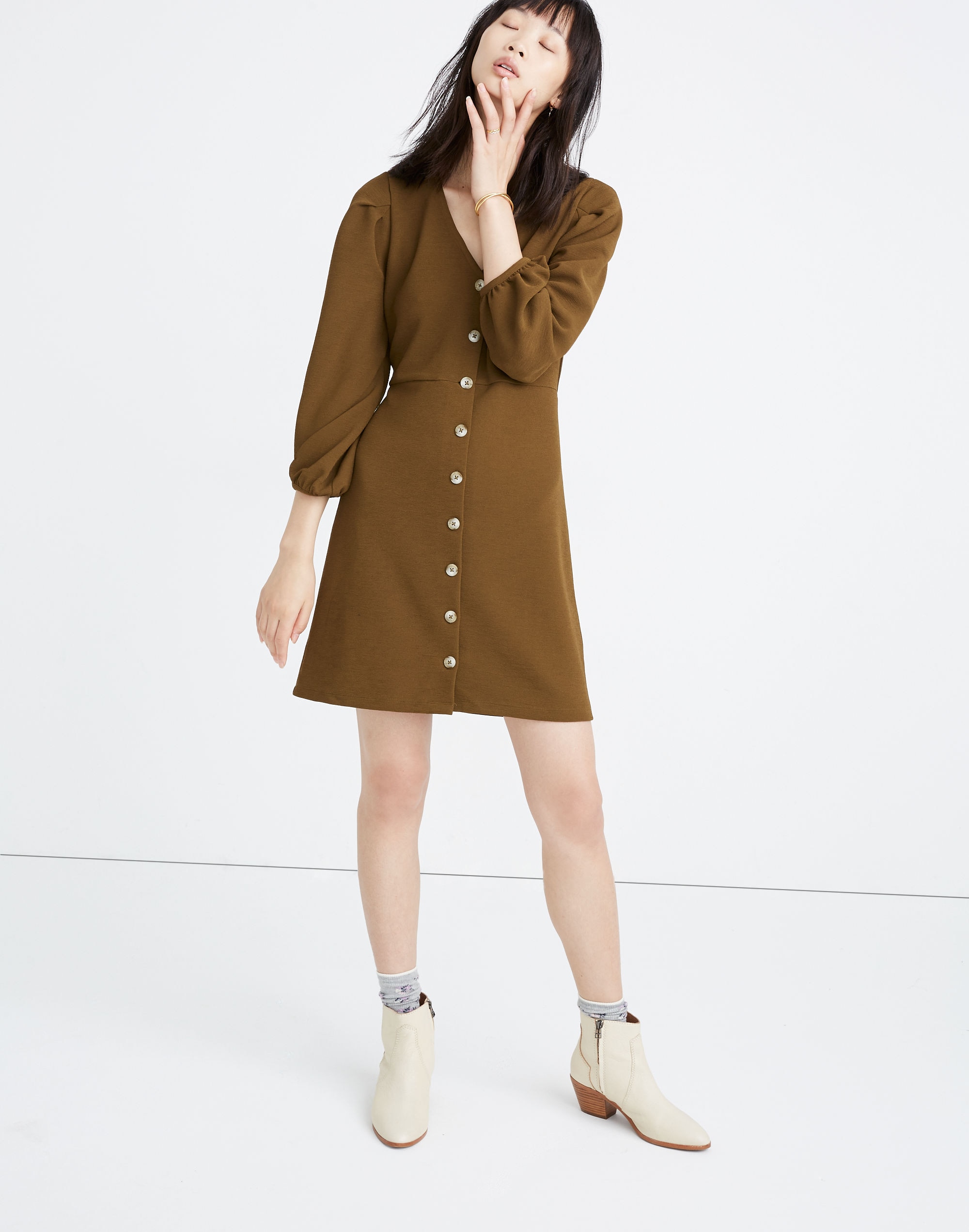 texture &amp; thread crepe balloon-sleeve dress