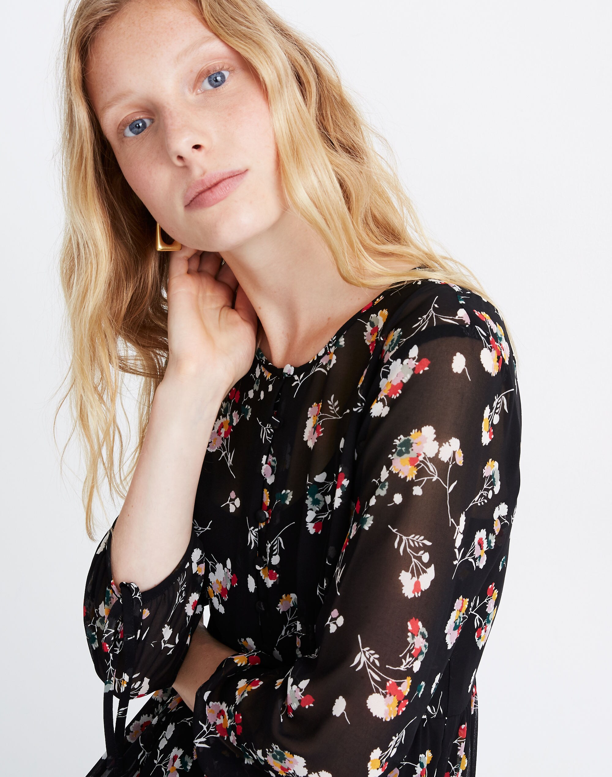 Sheer Button-Front Tier Midi Dress in Carnation Toss