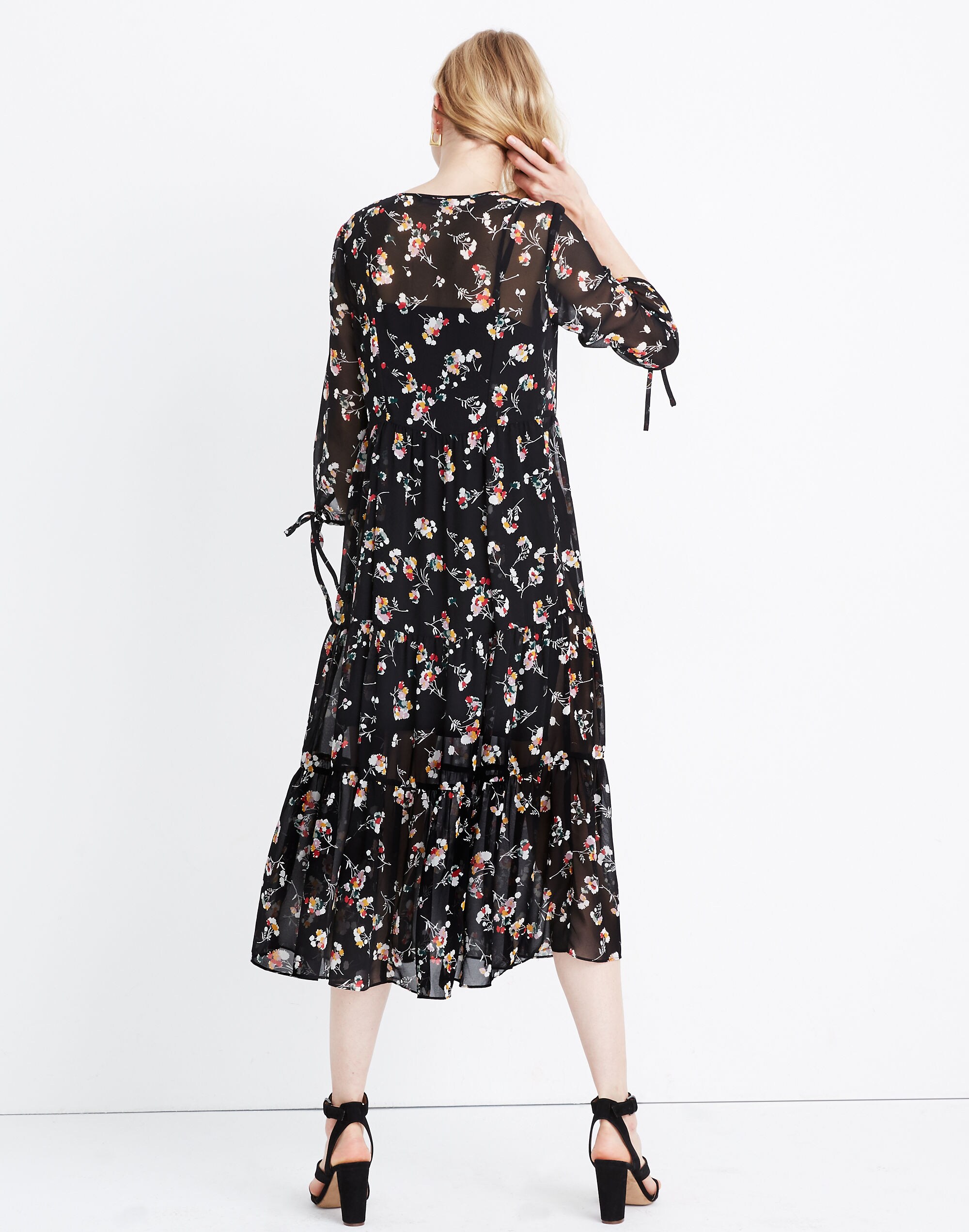 Sheer Button-Front Tier Midi Dress in Carnation Toss