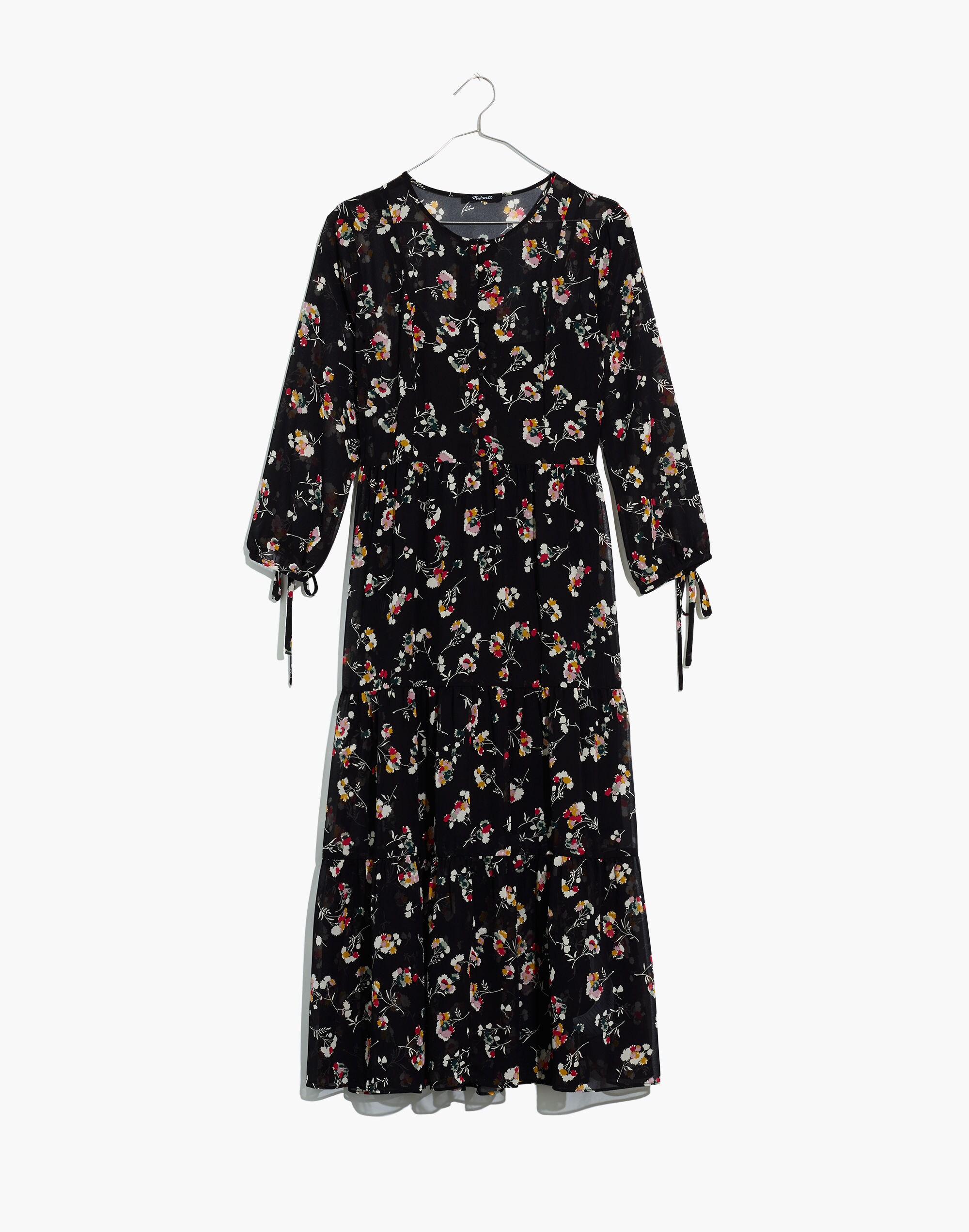 Sheer Button-Front Tier Midi Dress in Carnation Toss