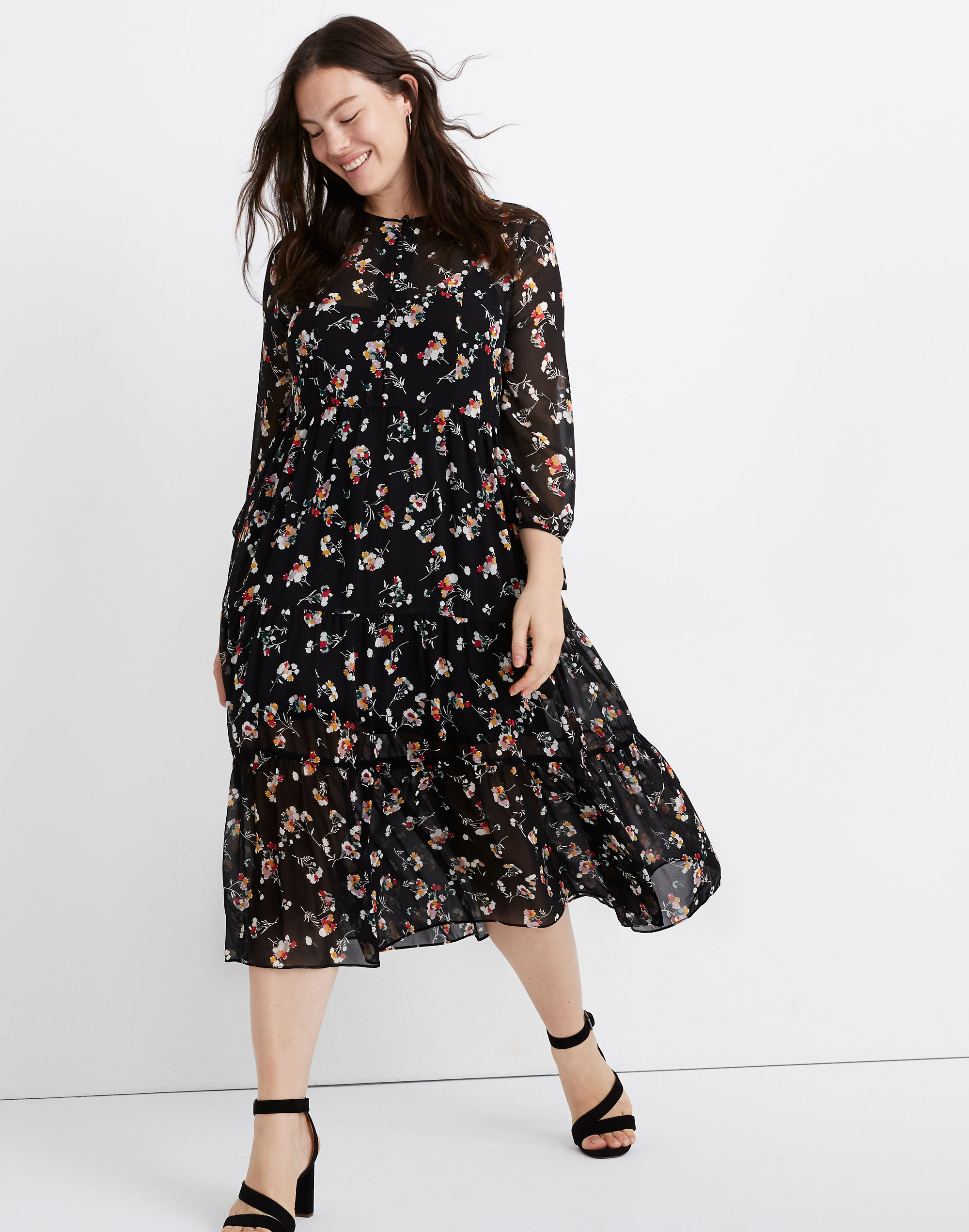 sheer button-front tier midi dress in carnation toss