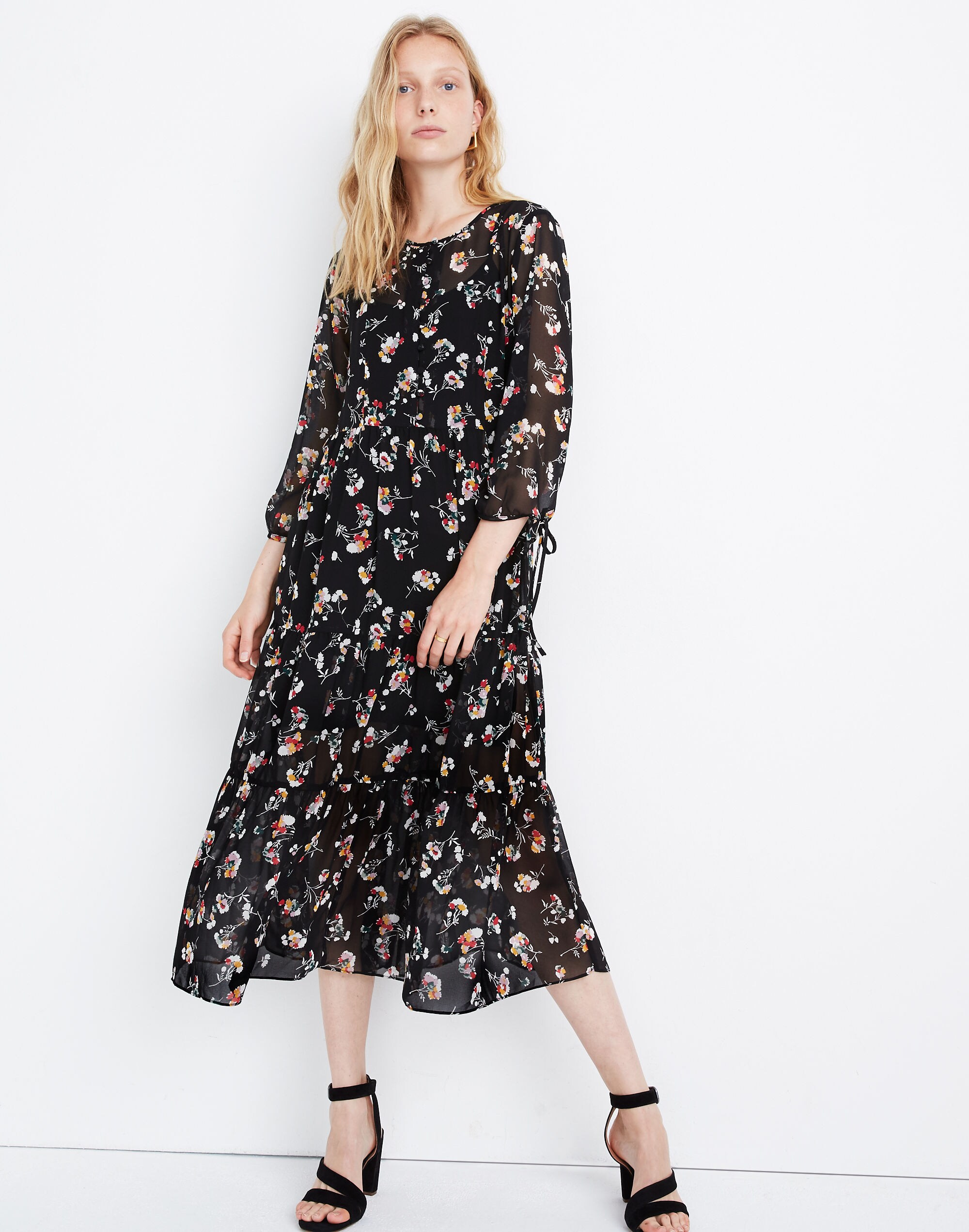 Sheer Button-Front Tier Midi Dress in Carnation Toss