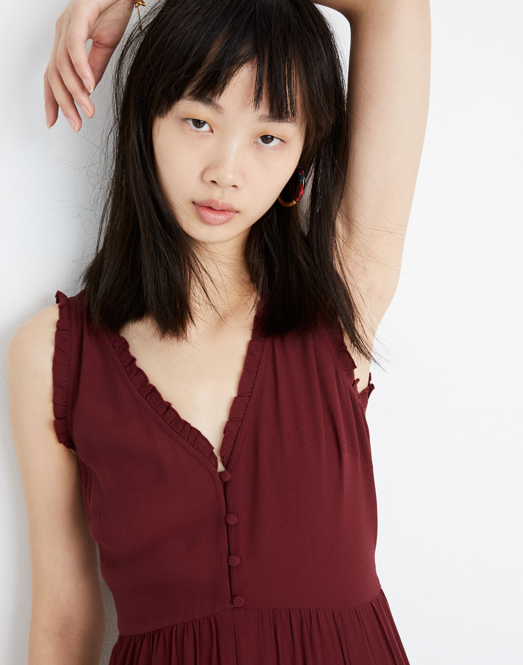 Ruffle-Neck Button-Front Jumpsuit