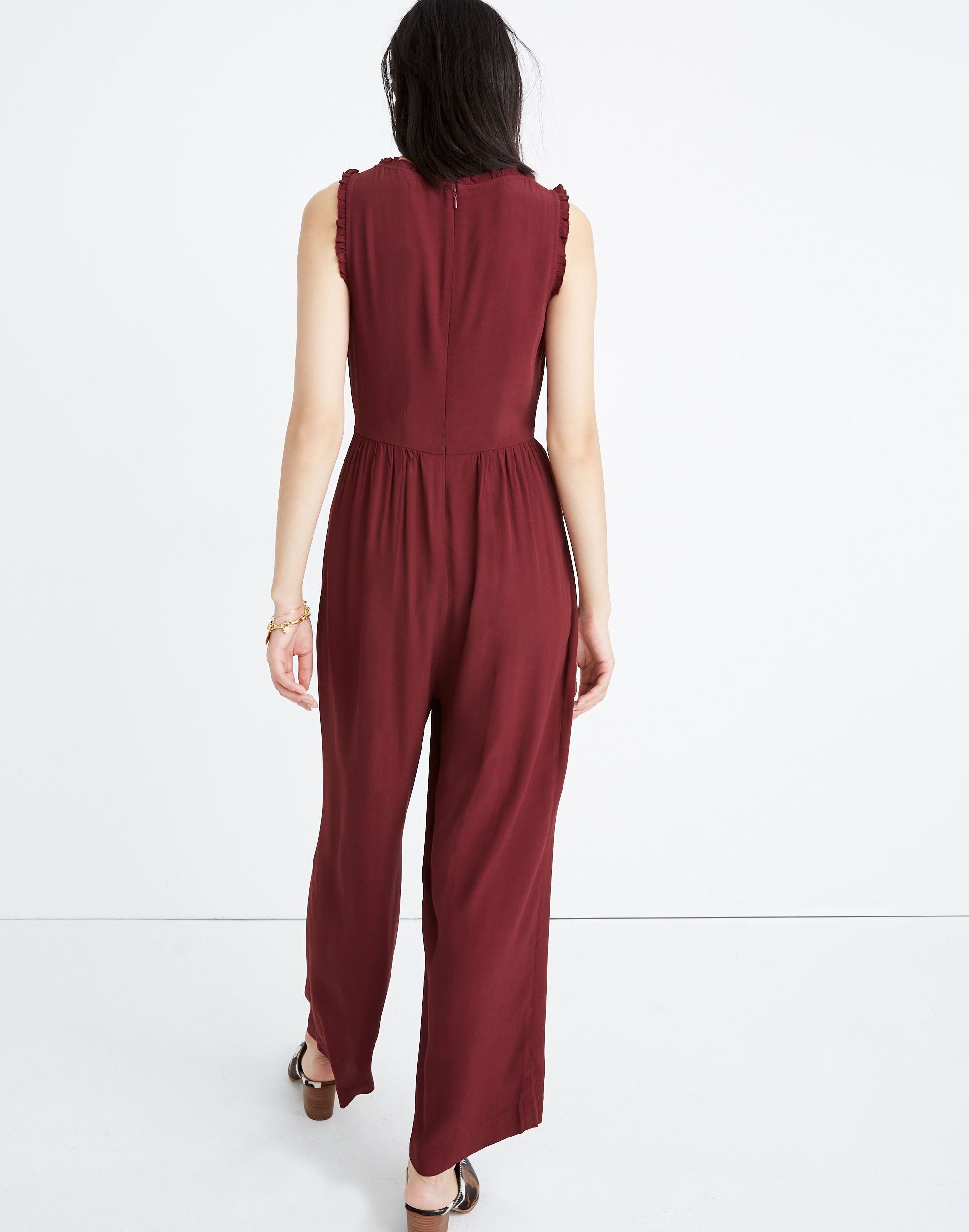 Ruffle-Neck Button-Front Jumpsuit