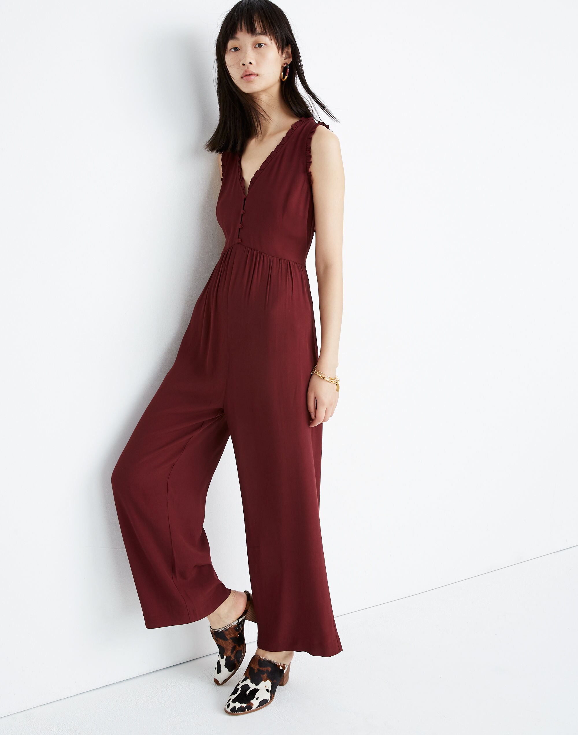ruffle-neck button-front jumpsuit