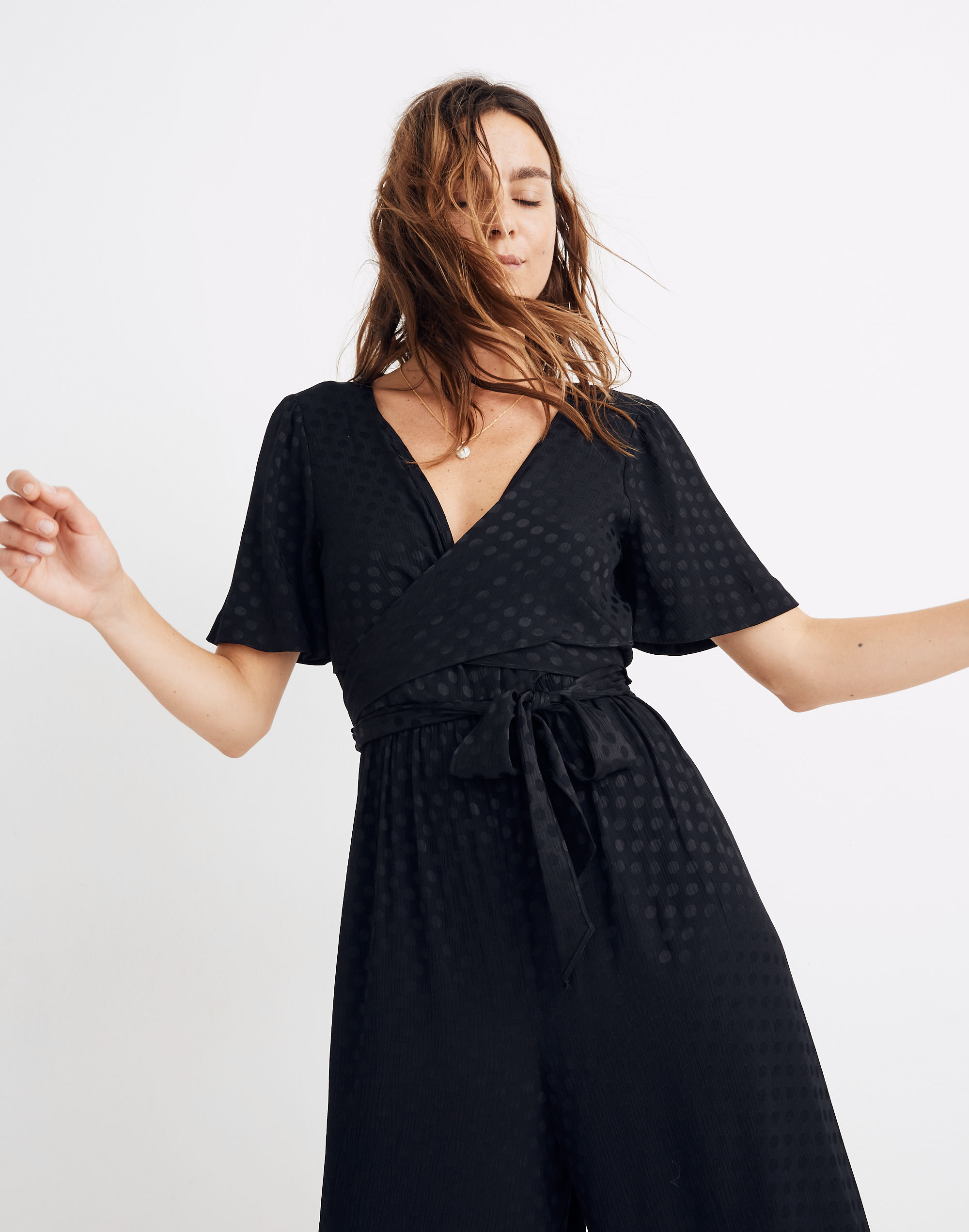 Wrap-Waist Jumpsuit in Dot Jacquard