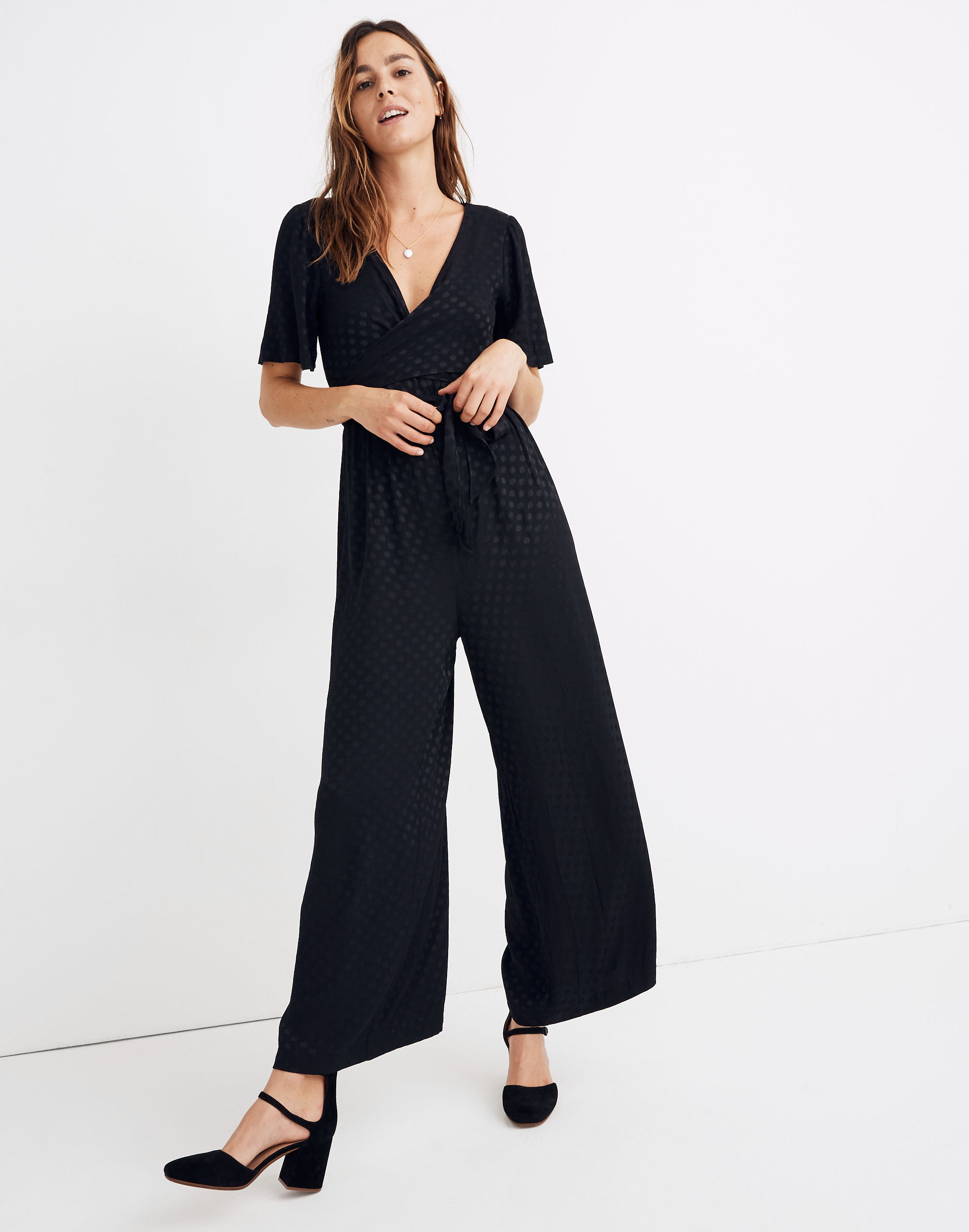 wrap-waist jumpsuit in dot jacquard