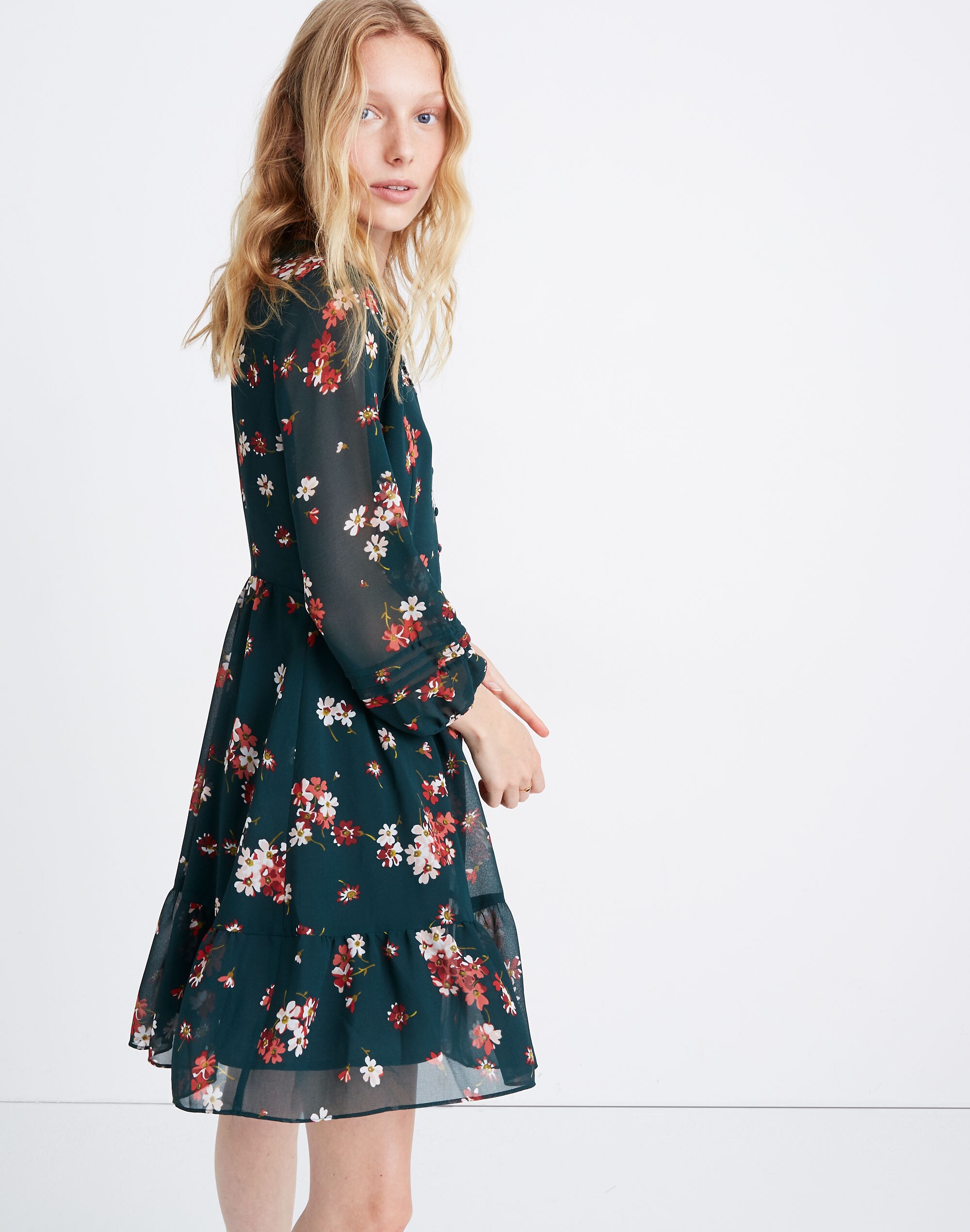 Sheer-Sleeve Pintuck Ruffle Dress in Spruce Blooms