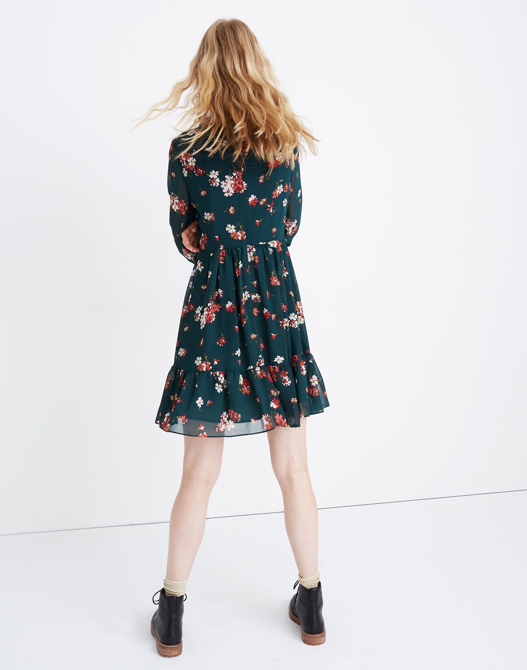 Sheer-Sleeve Pintuck Ruffle Dress in Spruce Blooms