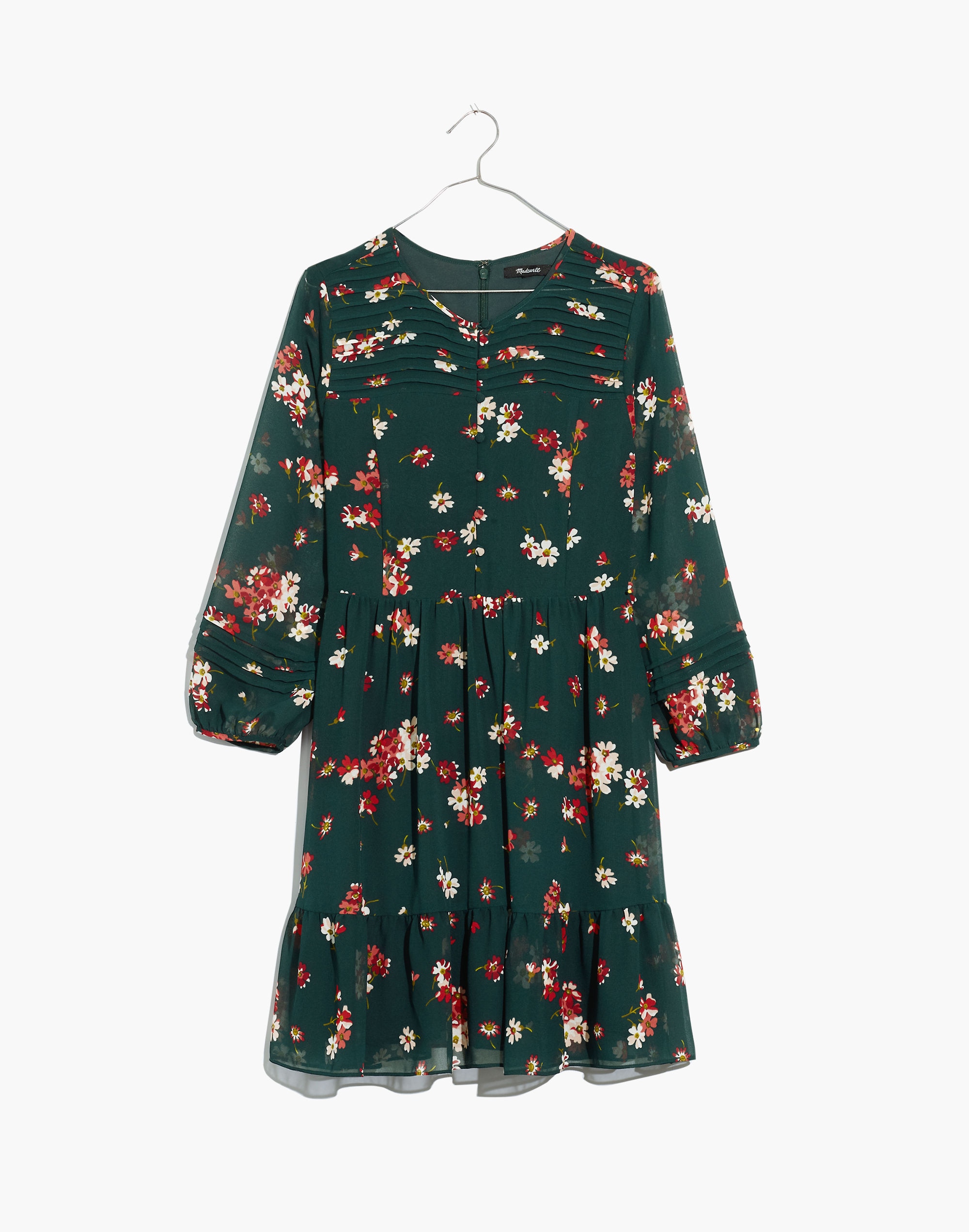 Sheer-Sleeve Pintuck Ruffle Dress in Spruce Blooms