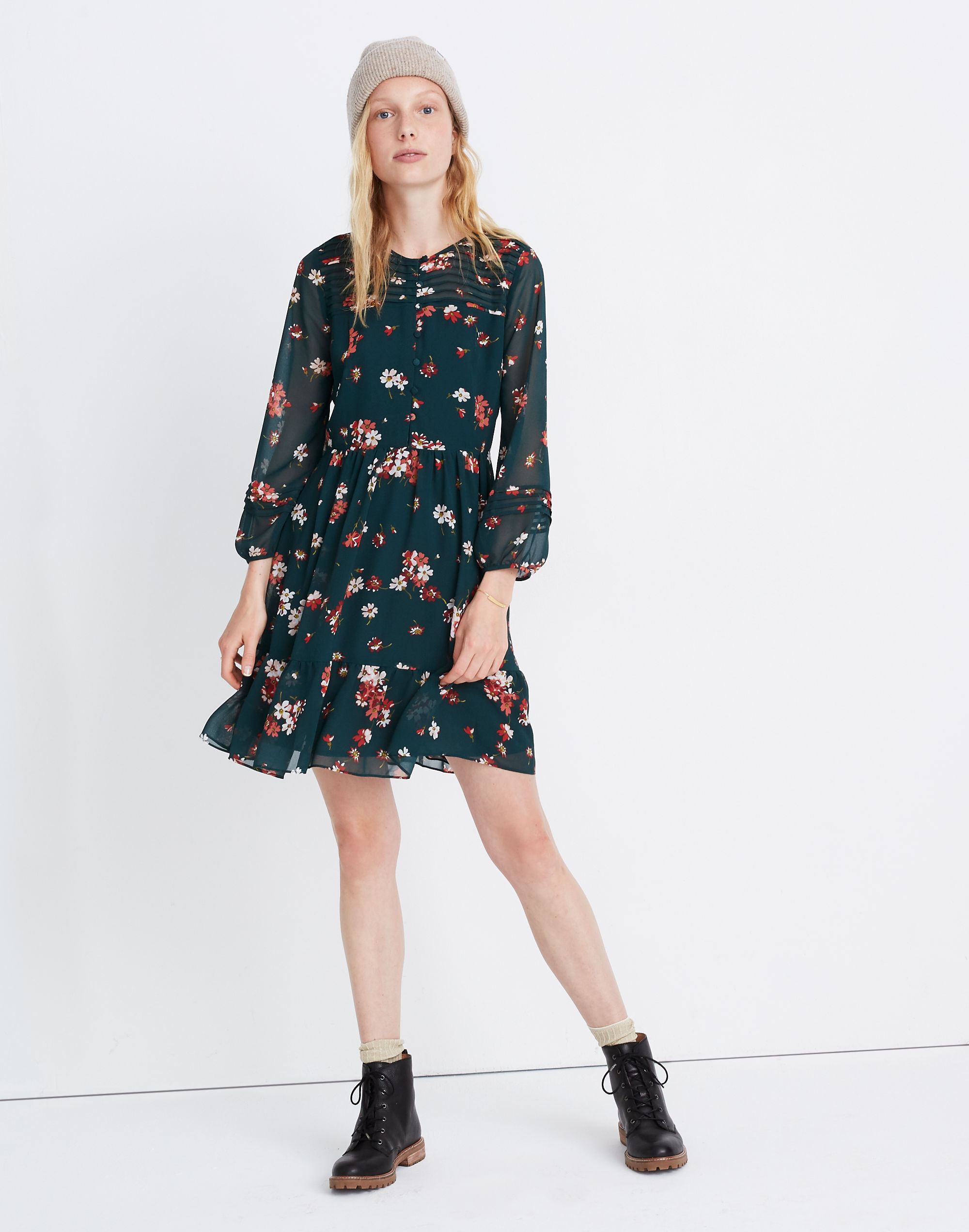 Sheer-Sleeve Pintuck Ruffle Dress in Spruce Blooms