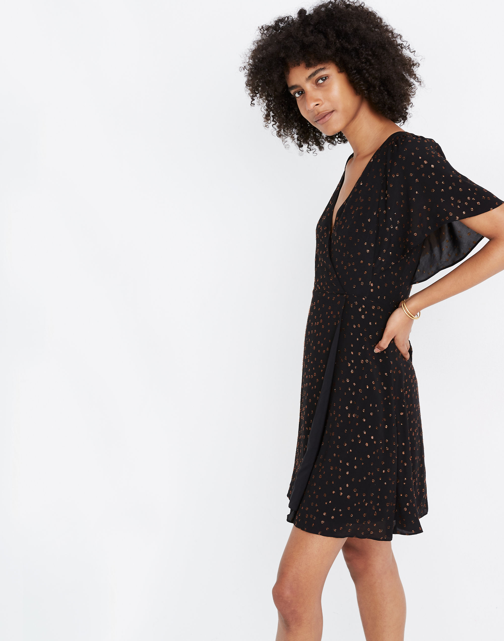 Cape-Sleeve Mini Dress in Metallic Dots