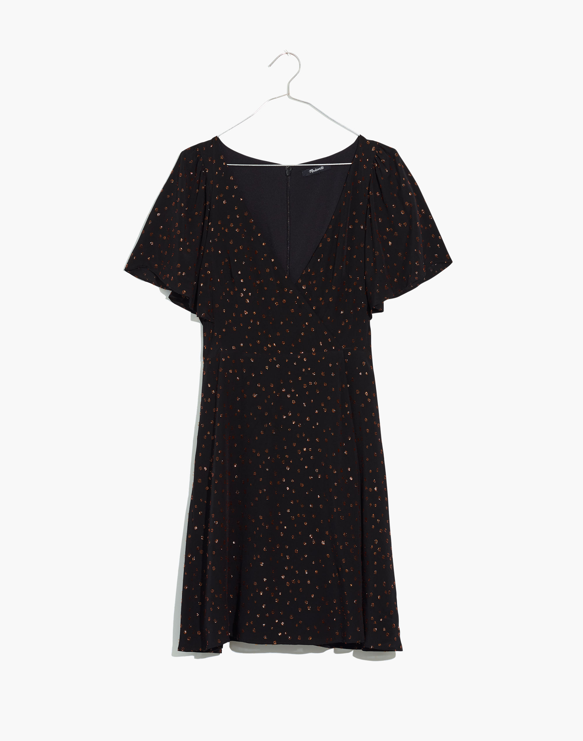 Cape-Sleeve Mini Dress in Metallic Dots