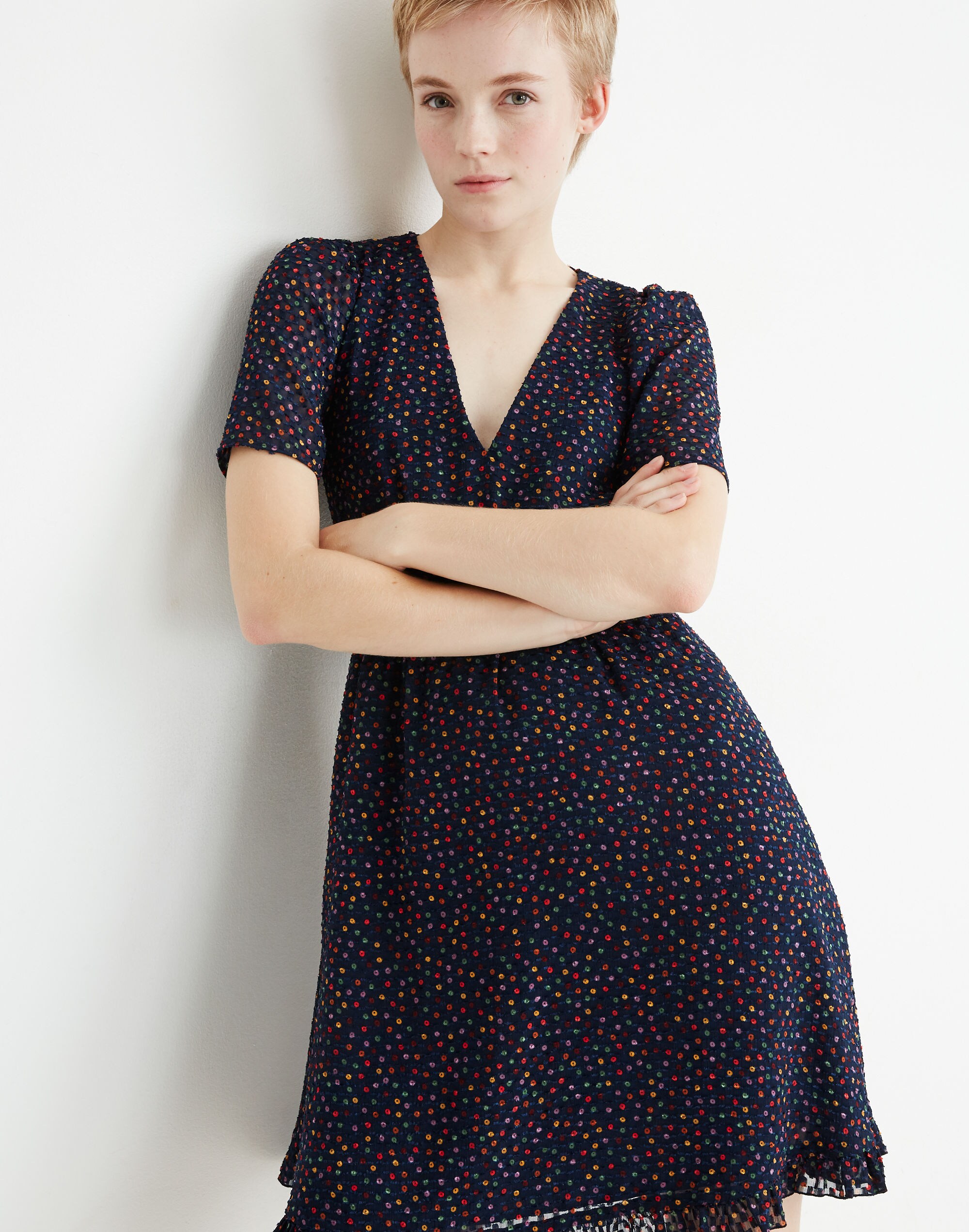 Flutter-Sleeve Ruffle-Hem Dress in Sugar Dot