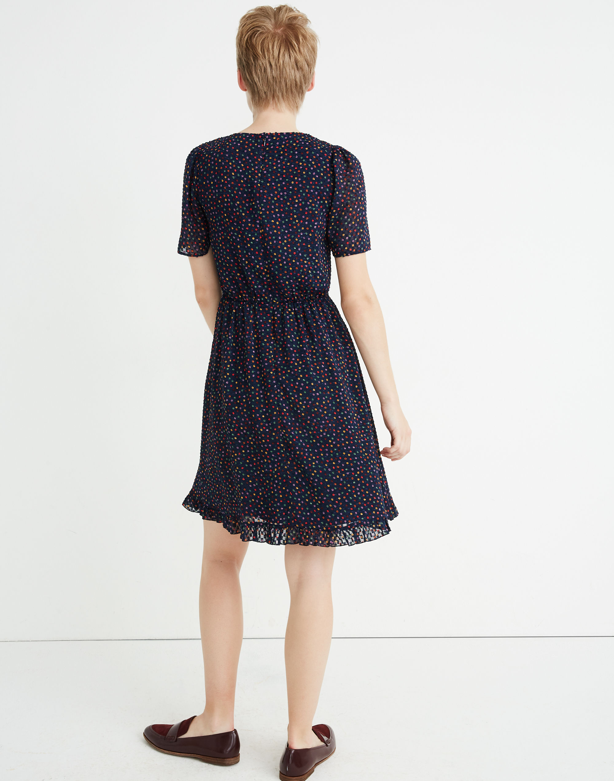 Flutter-Sleeve Ruffle-Hem Dress in Sugar Dot