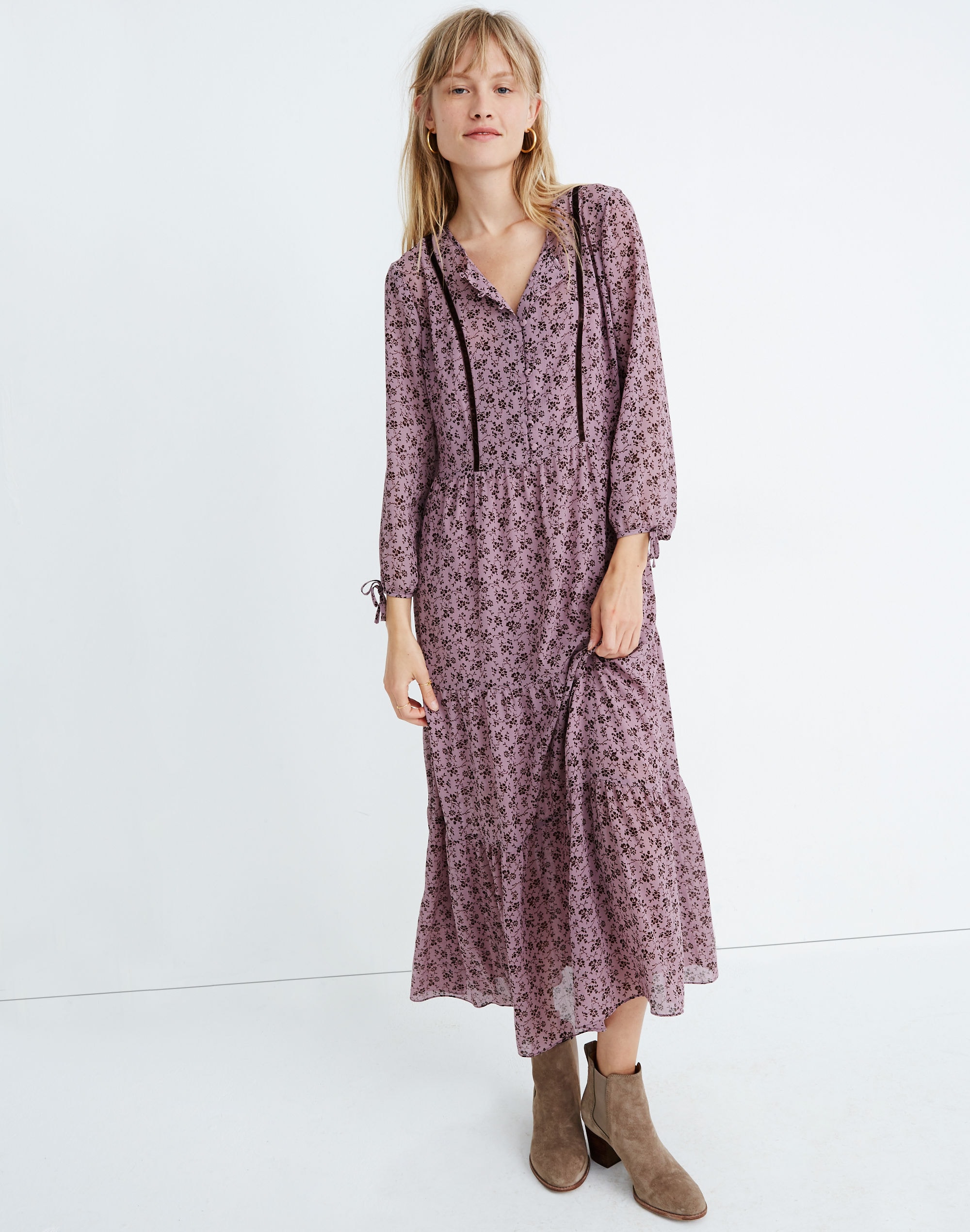Long-Sleeve Tiered Dress in Branch Floral
