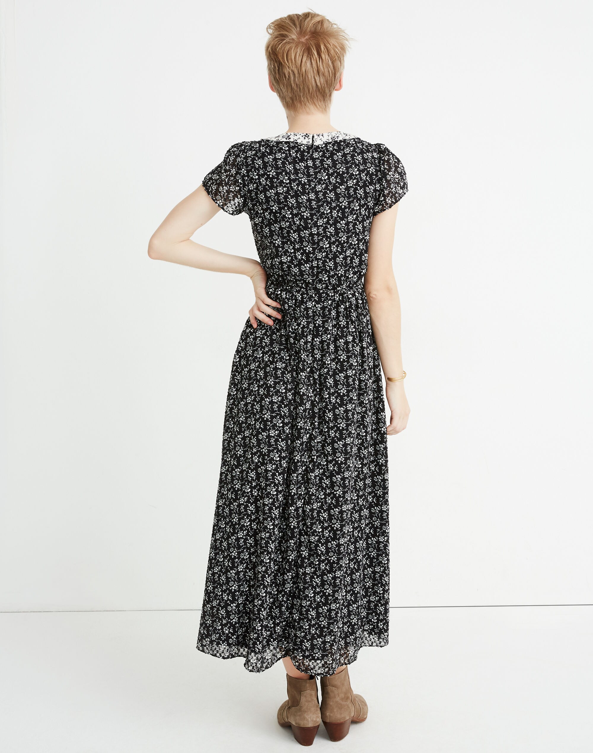Print-Mix Sheer-Sleeve Dress in Branch Floral