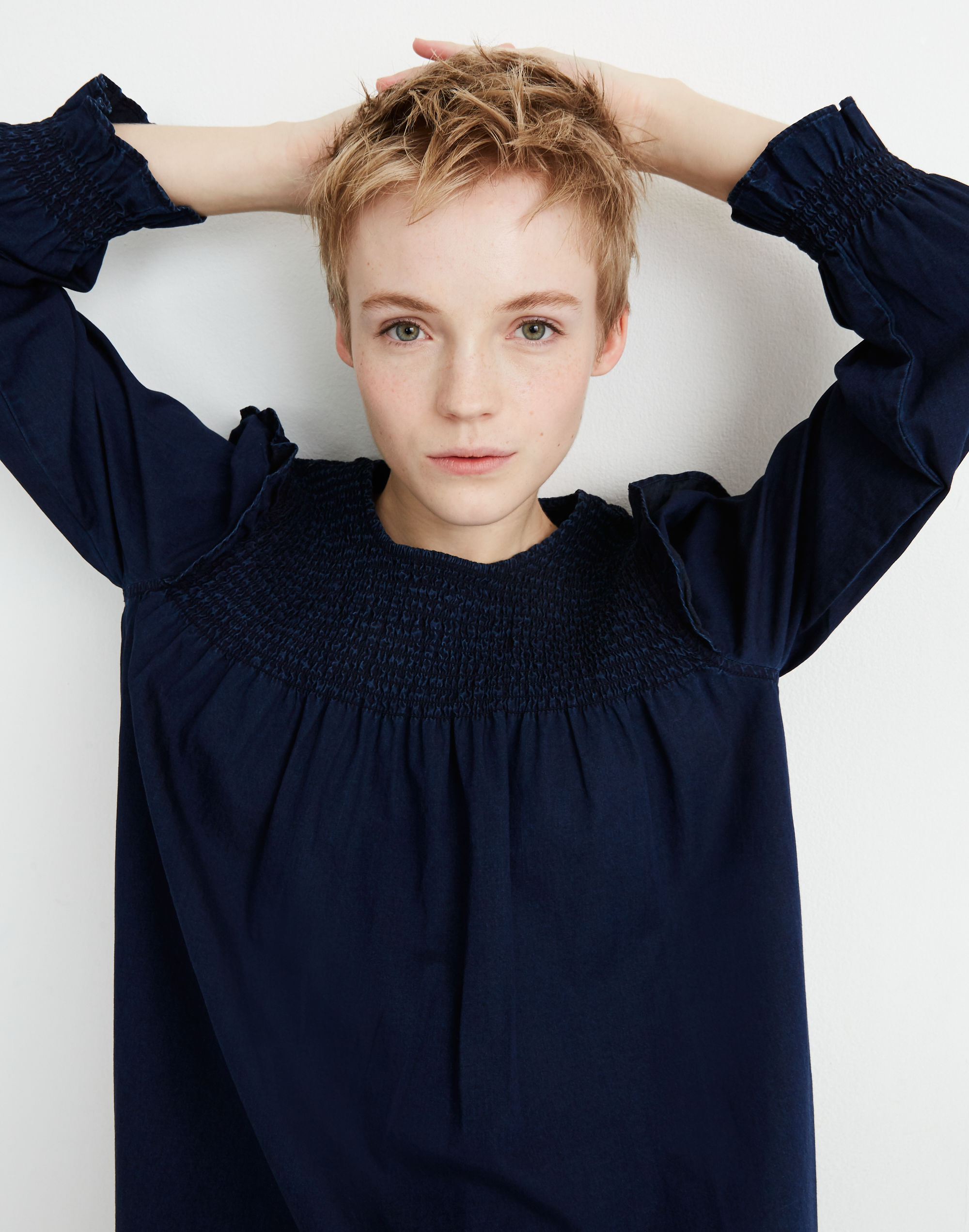 Indigo Ruffle-Neck Smocked Babydoll Dress