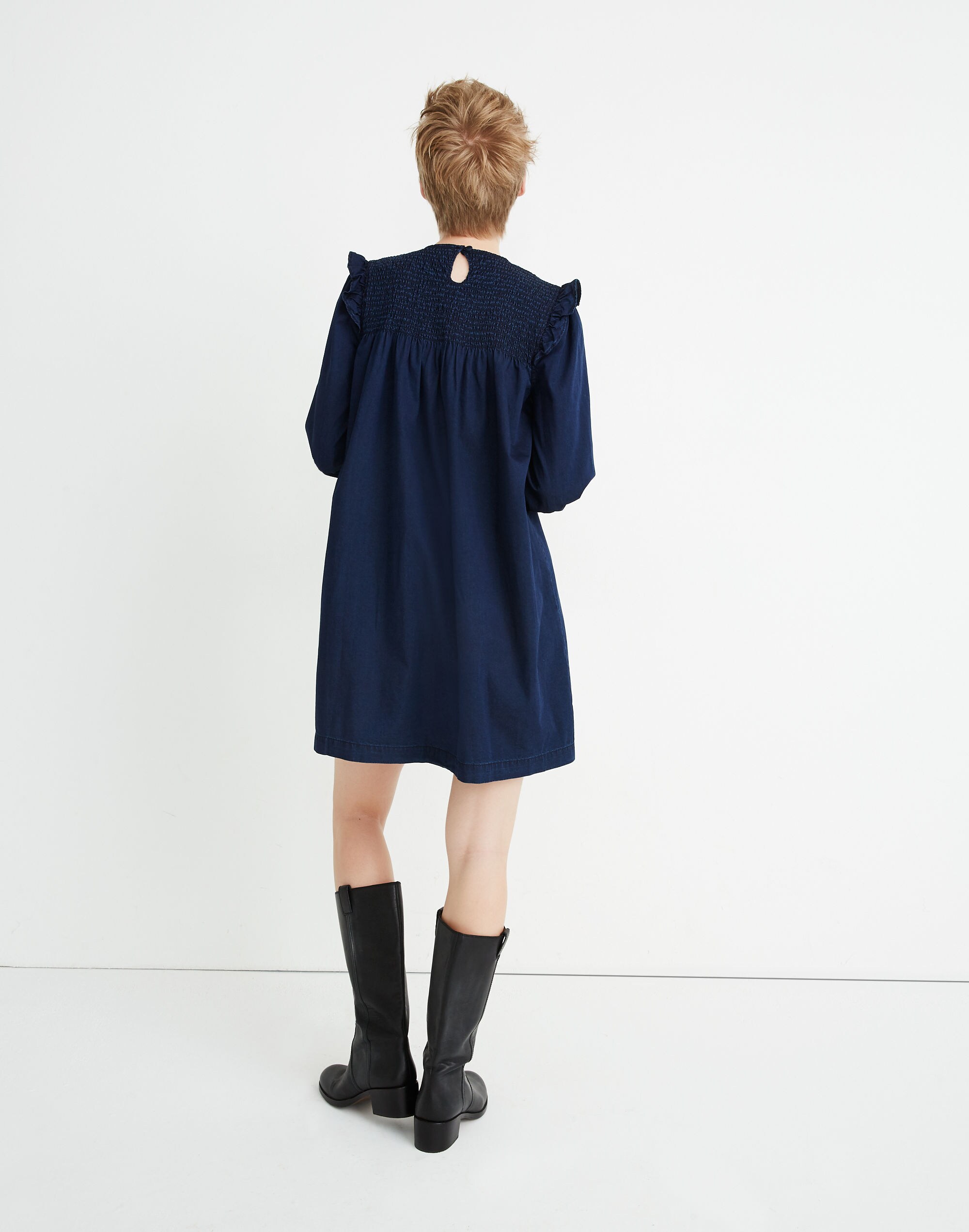 Indigo Ruffle-Neck Smocked Babydoll Dress