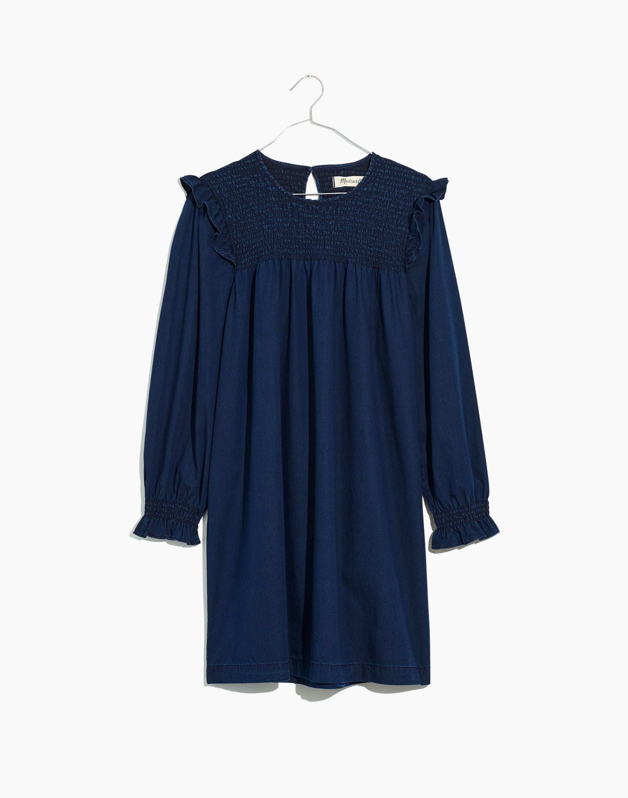 Indigo Ruffle-Neck Smocked Babydoll Dress