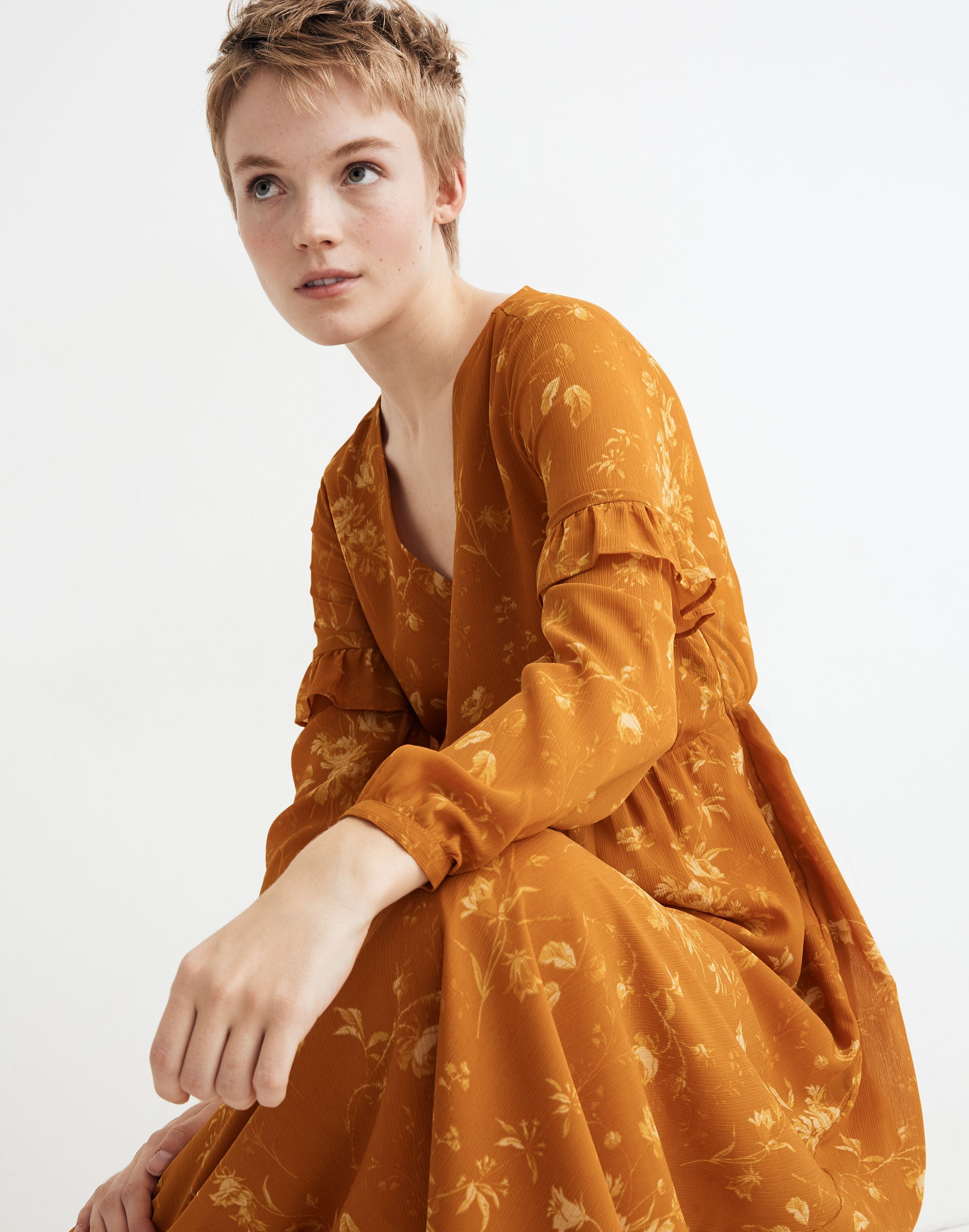 Ruffle-Sleeve Button-Front Dress in Tonal Botanical