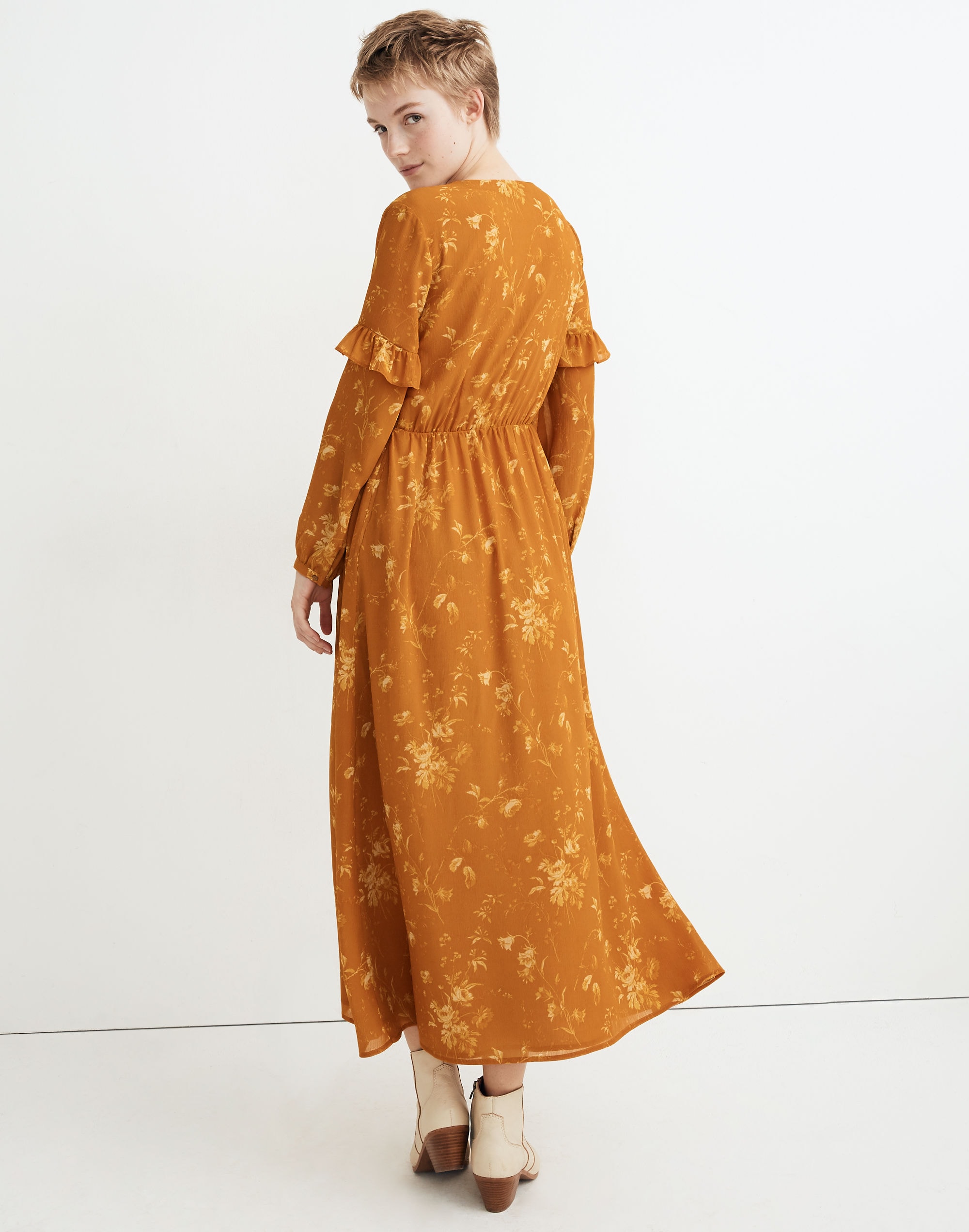 Ruffle-Sleeve Button-Front Dress in Tonal Botanical
