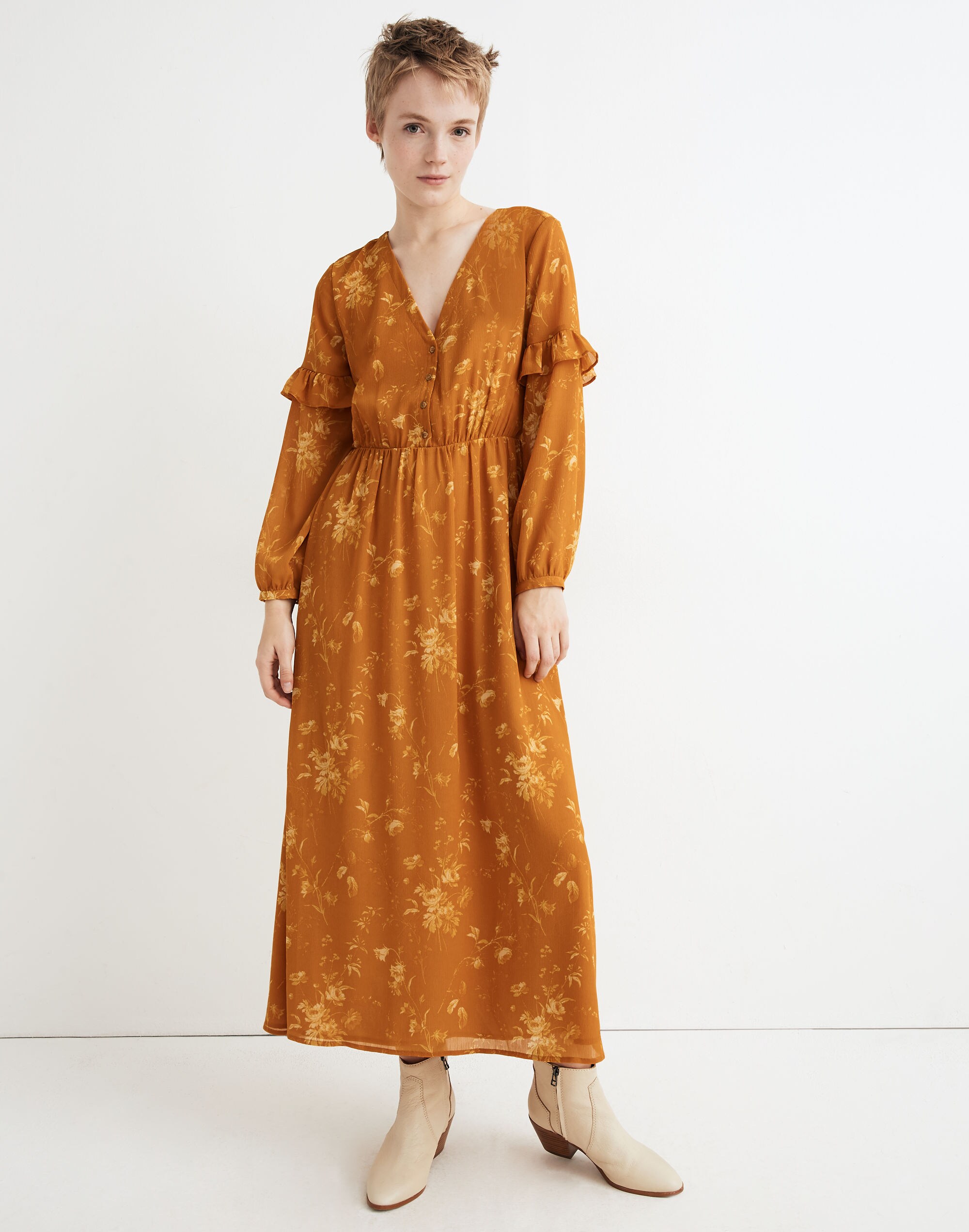 Ruffle-Sleeve Button-Front Dress in Tonal Botanical