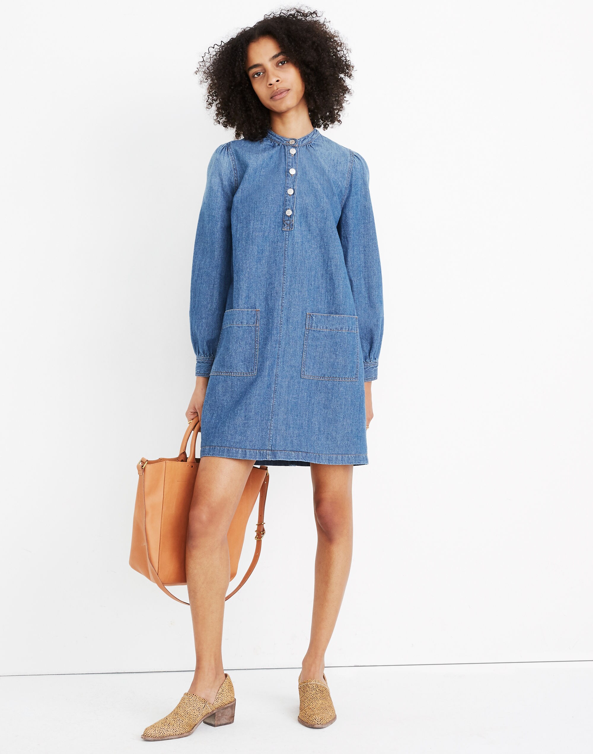 Denim Patch-Pocket Popover Shirtdress