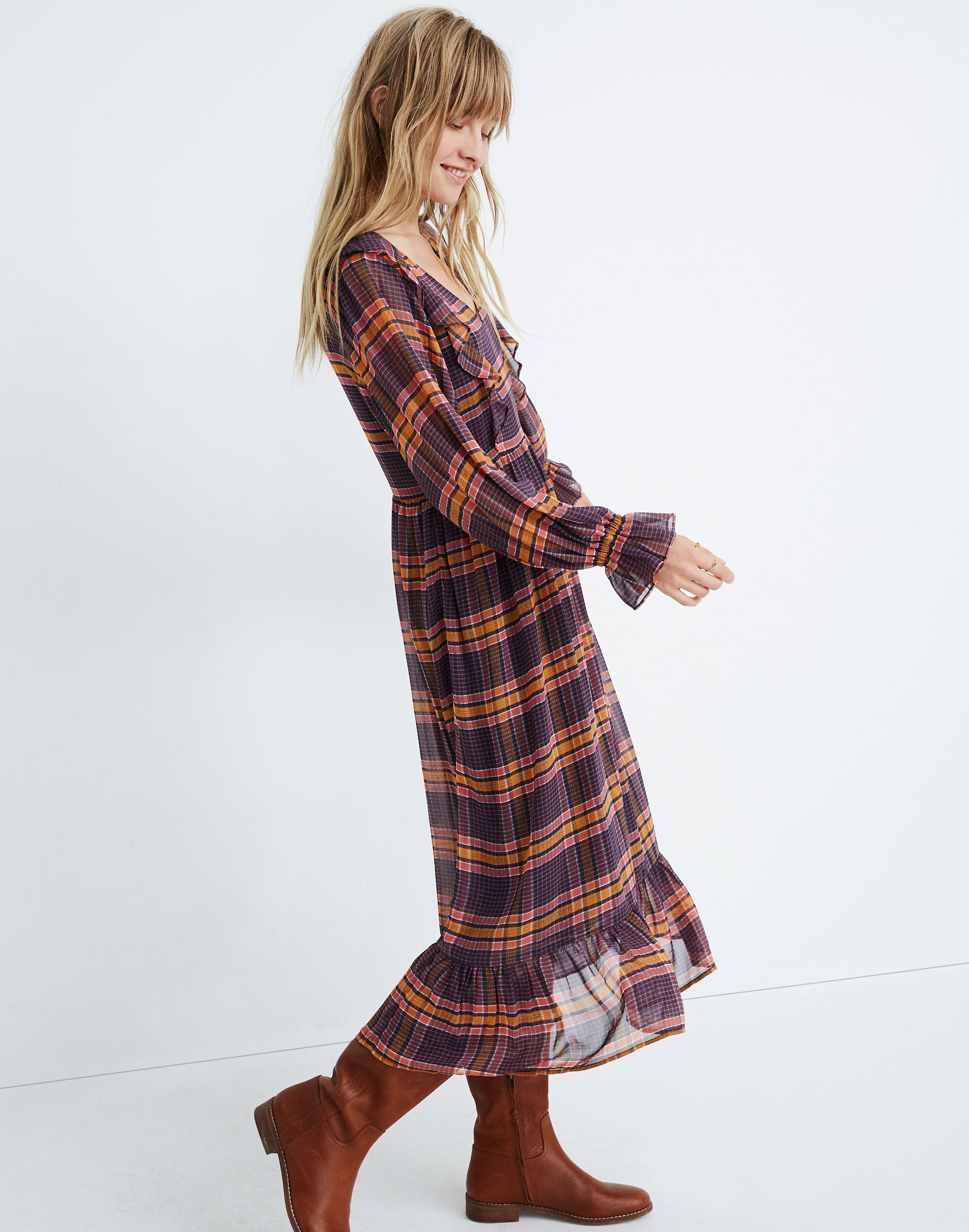 Sheer Plaid Full-Sleeve Ruffle Dress