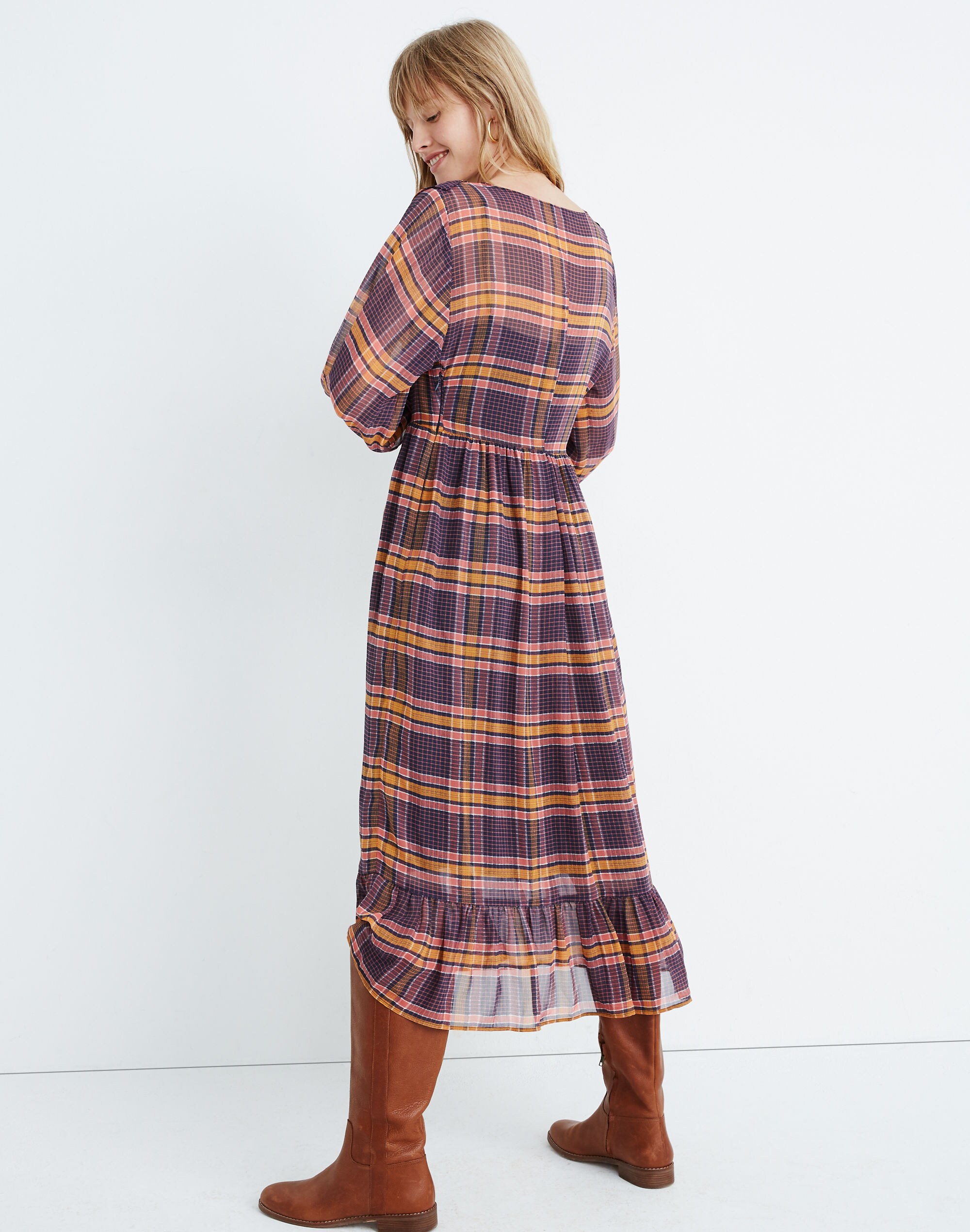Sheer Plaid Full-Sleeve Ruffle Dress