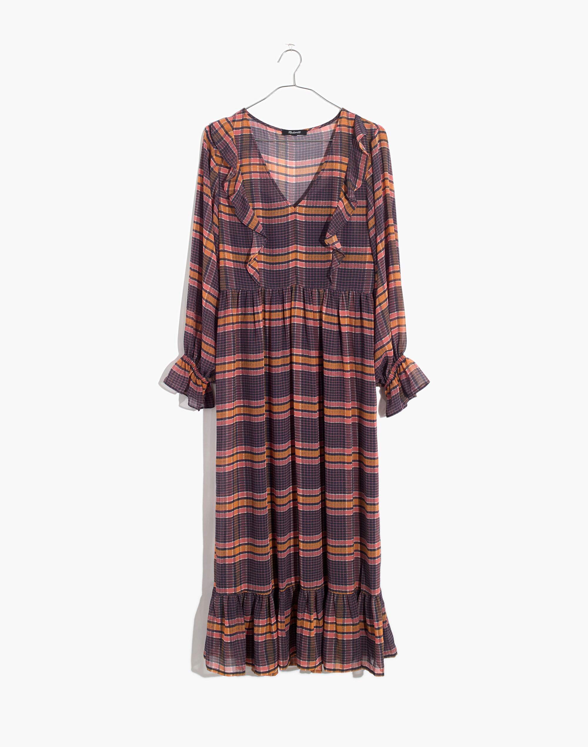 Sheer Plaid Full-Sleeve Ruffle Dress