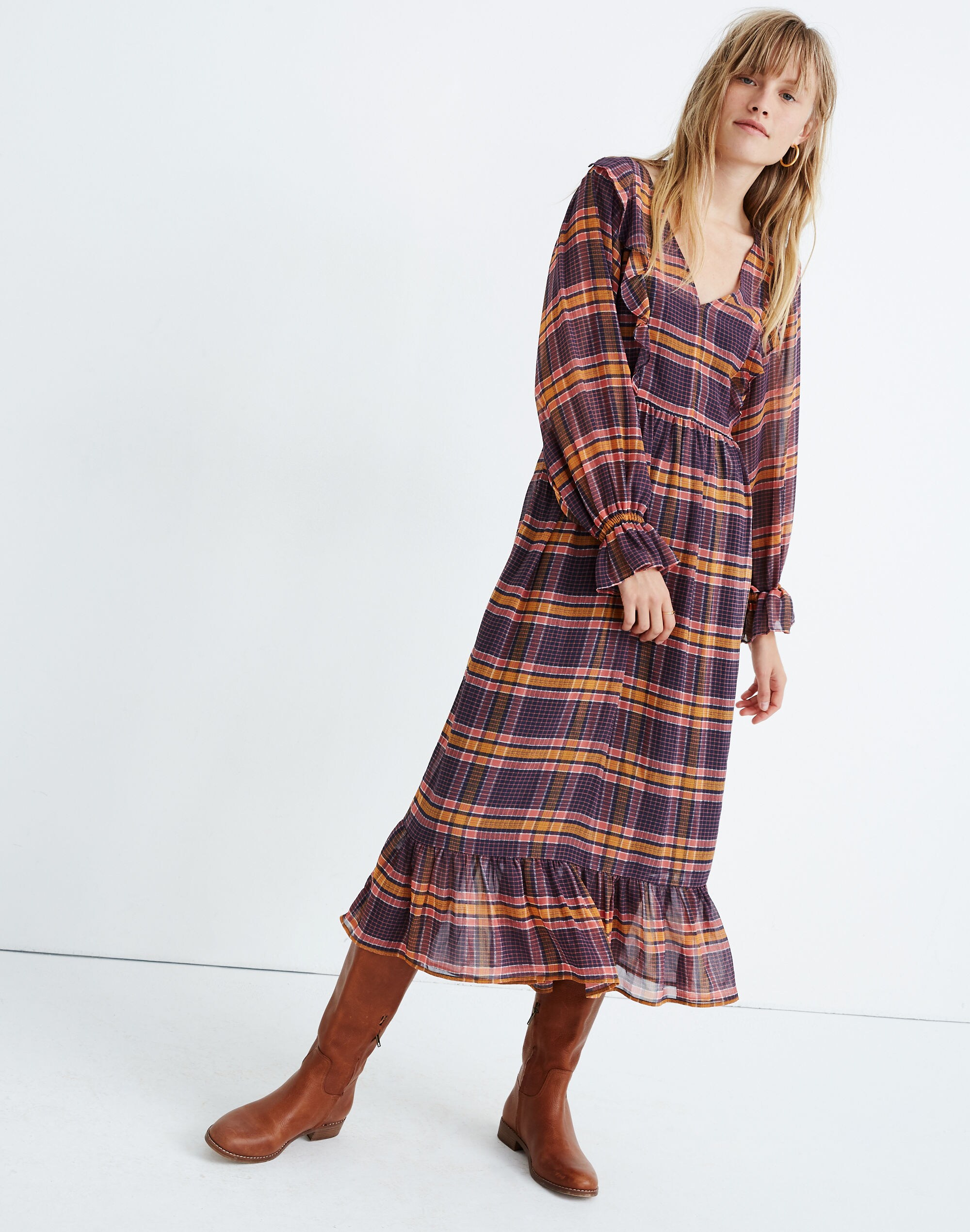Sheer Plaid Full-Sleeve Ruffle Dress