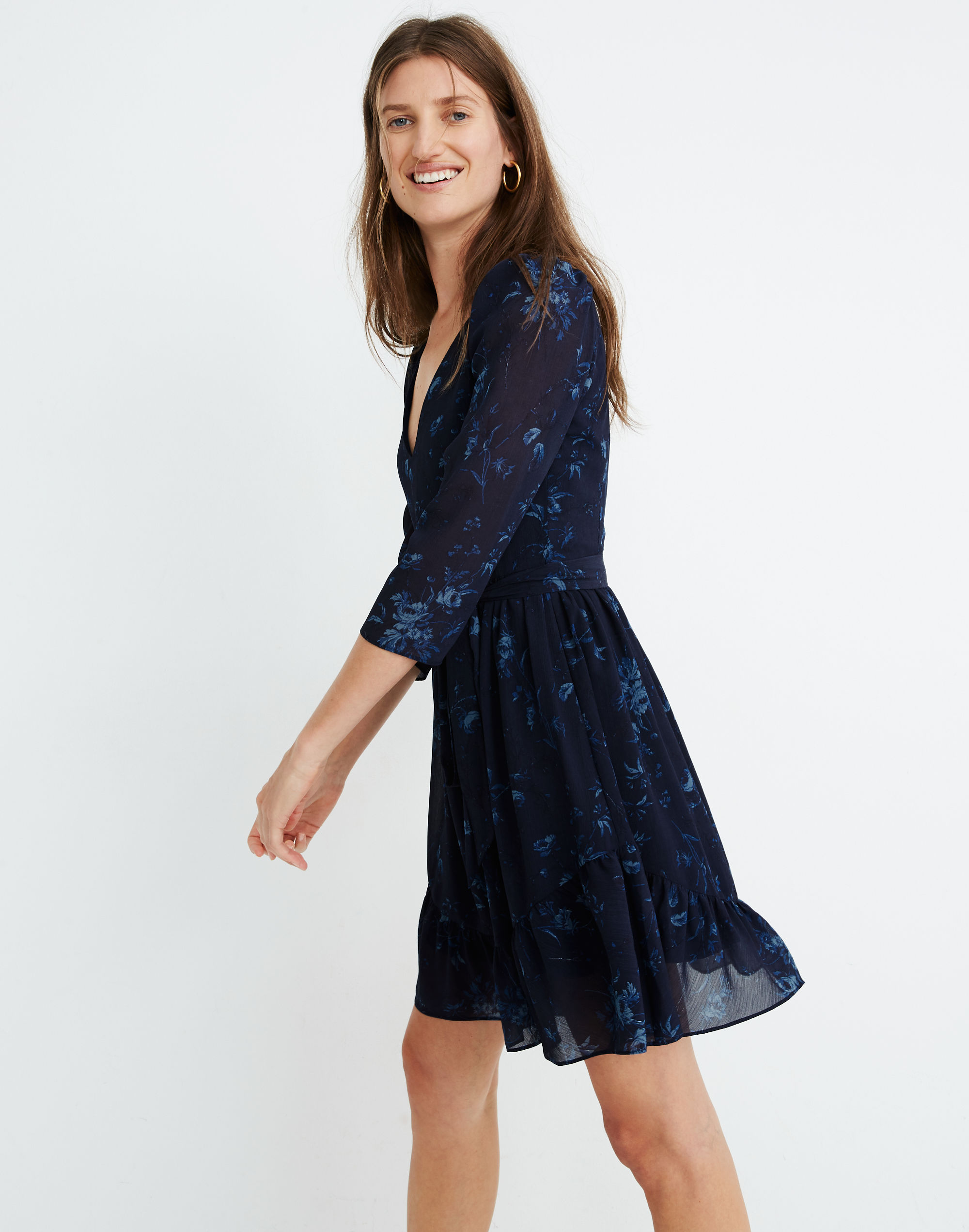 Sheer-Sleeve V-Neck Mini Dress in Tonal Botanical