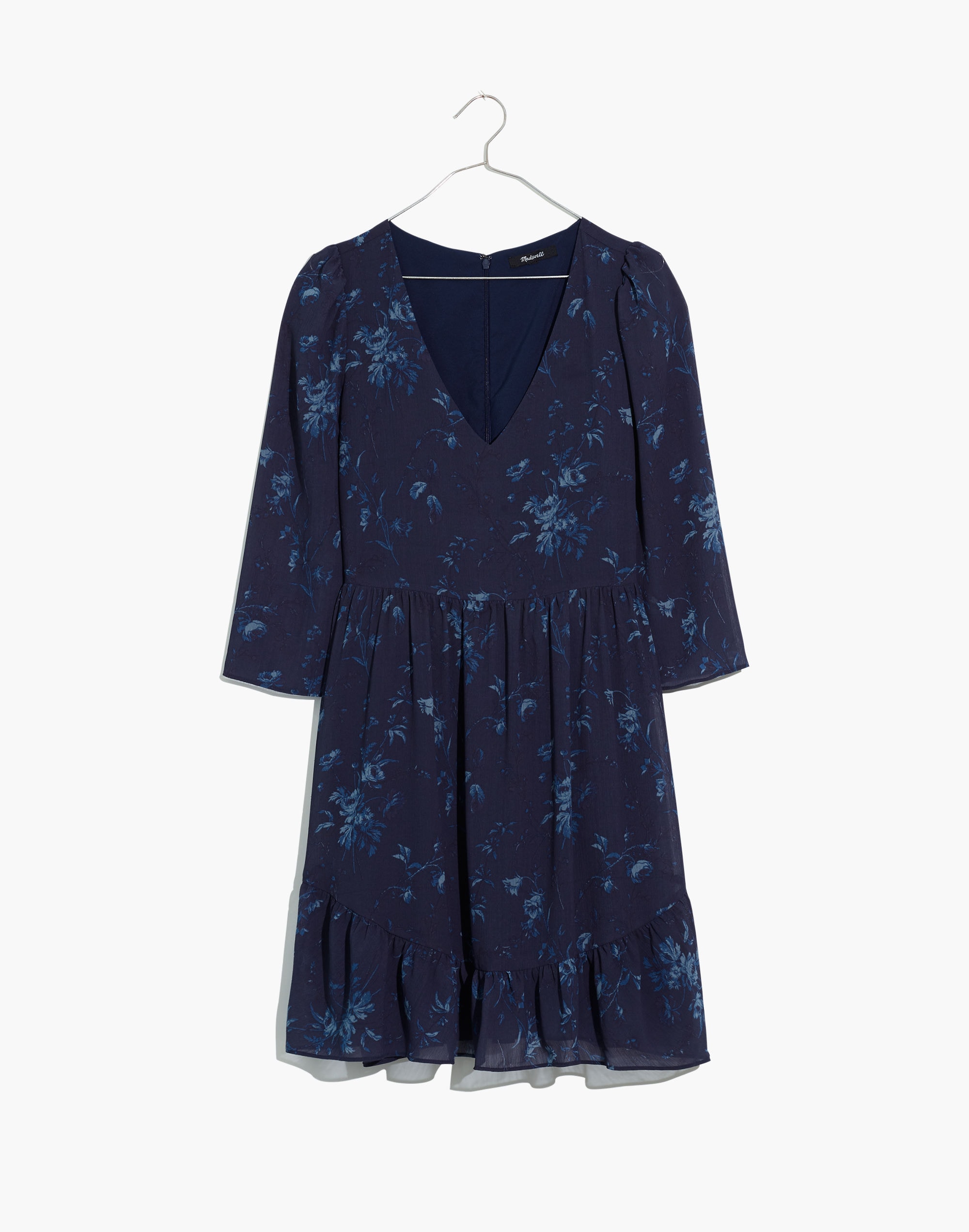 Sheer-Sleeve V-Neck Mini Dress in Tonal Botanical