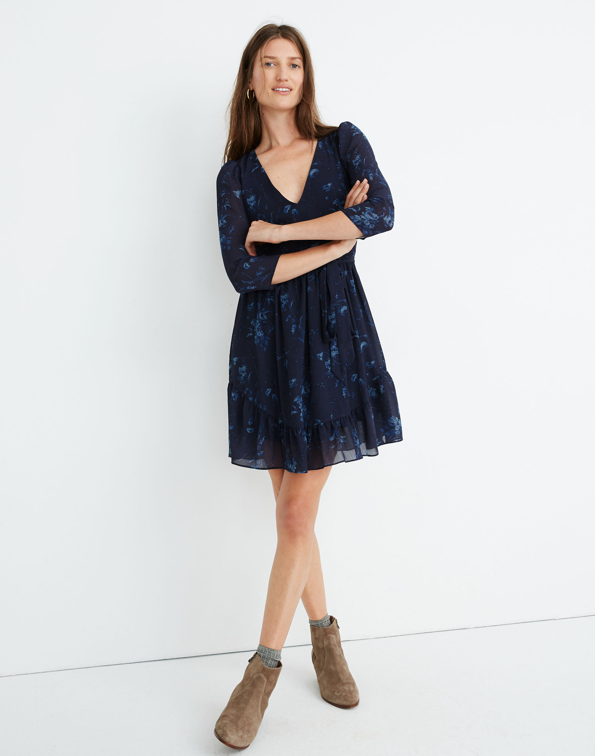sheer-sleeve v-neck mini dress in tonal botanical