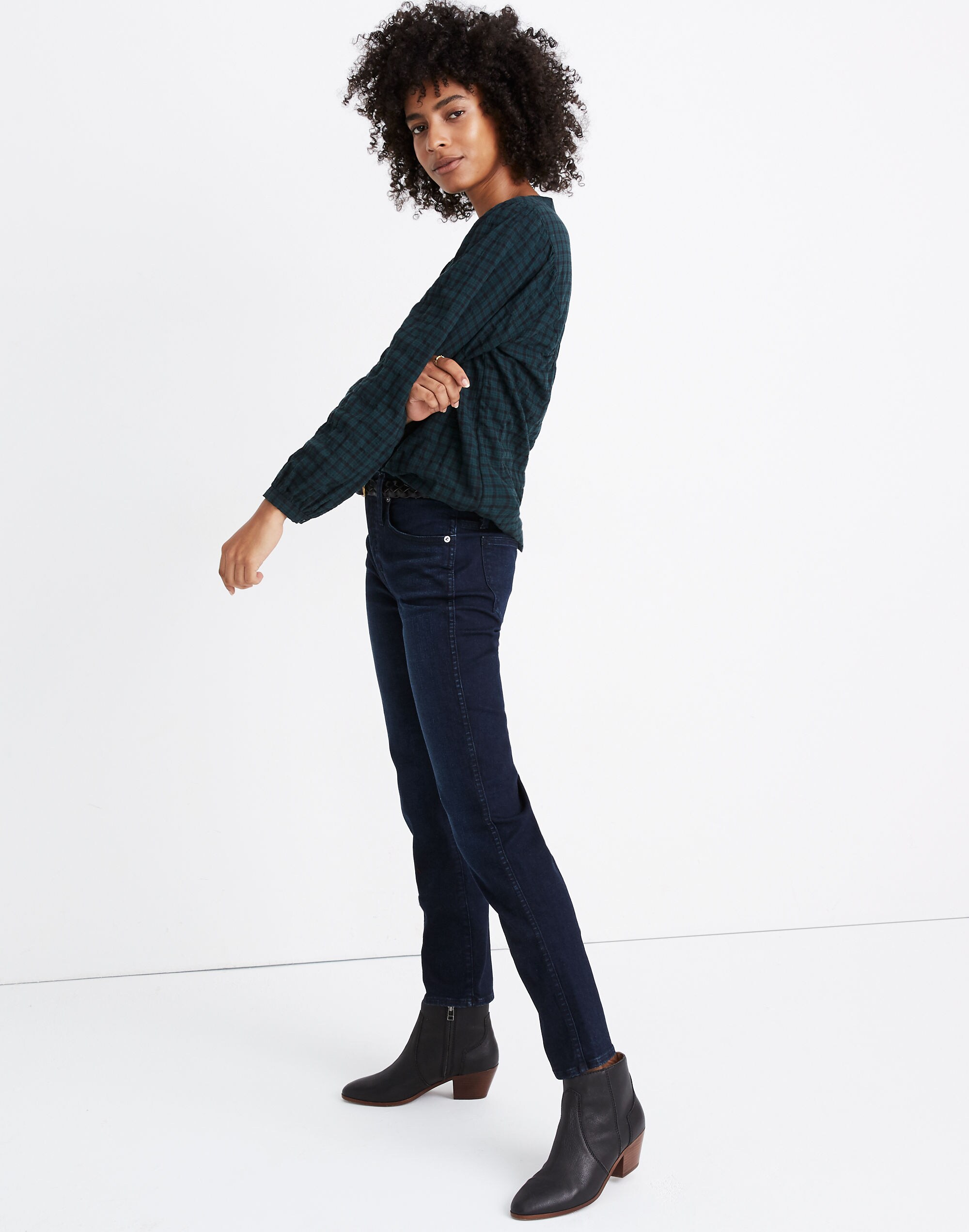 Plaid Balloon-Sleeve Peasant Top