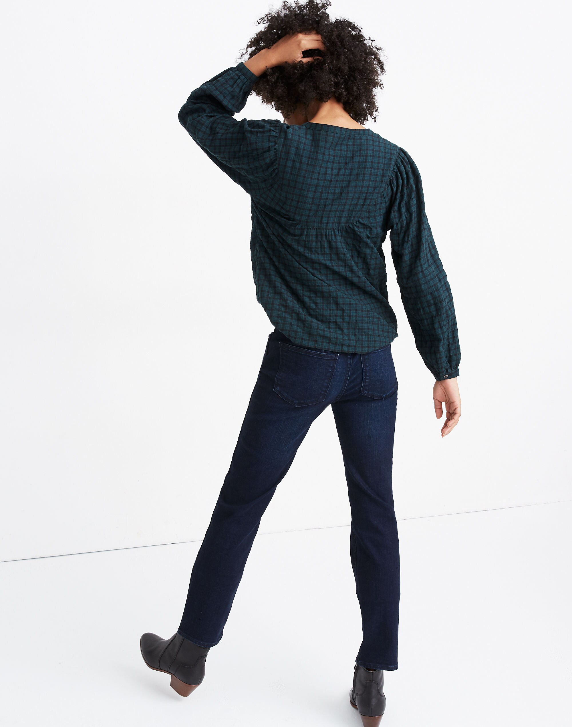 Plaid Balloon-Sleeve Peasant Top