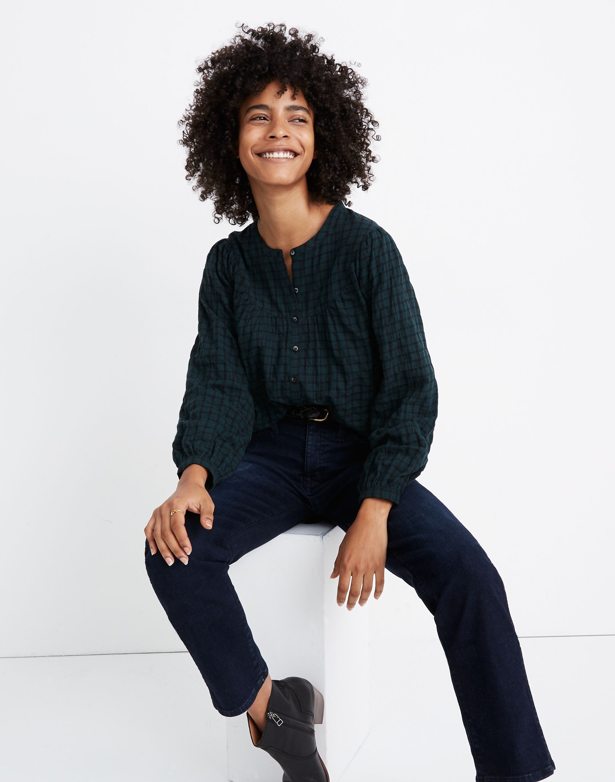 Plaid Balloon-Sleeve Peasant Top