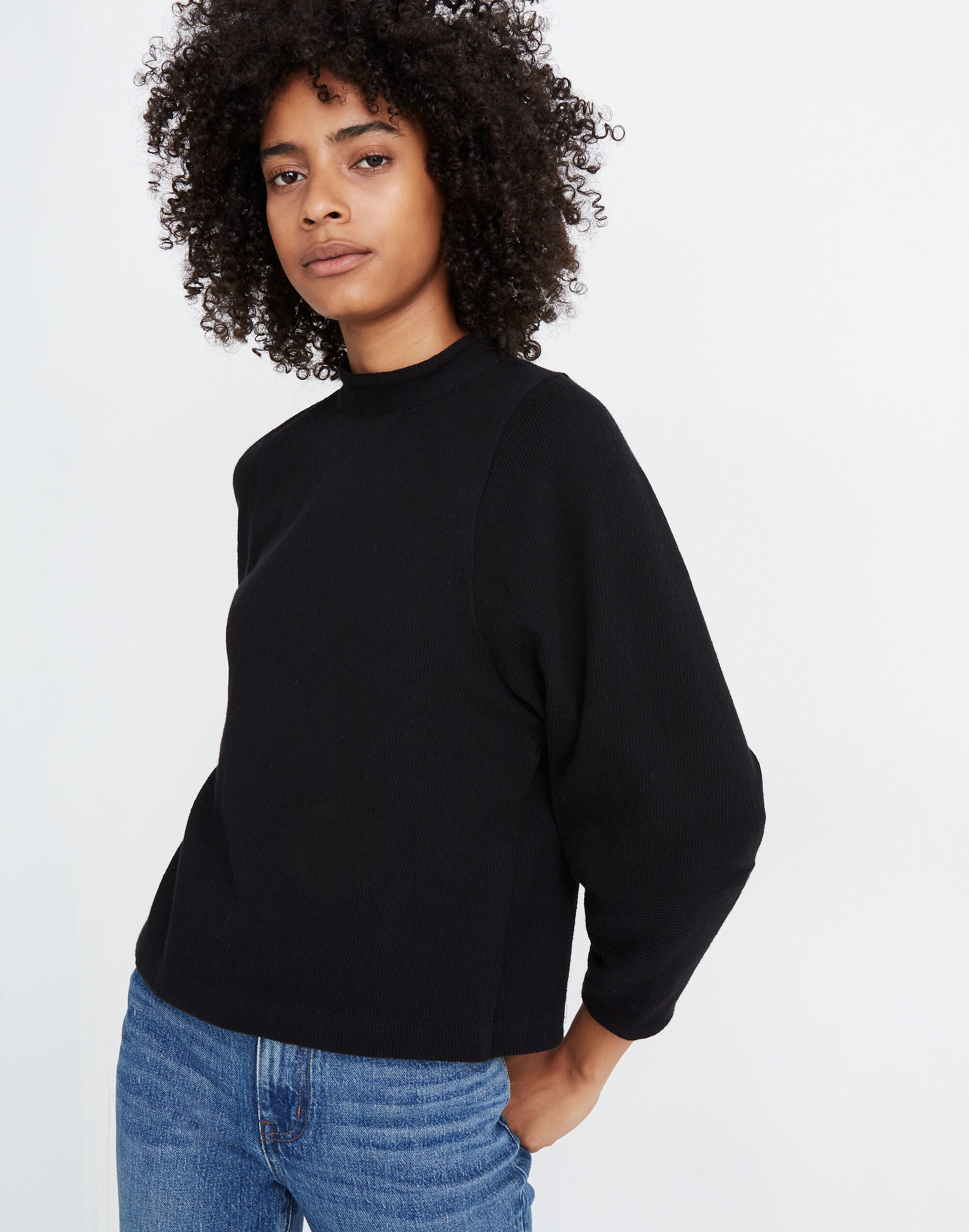 Texture &amp; Thread Button-Back Mockneck Top
