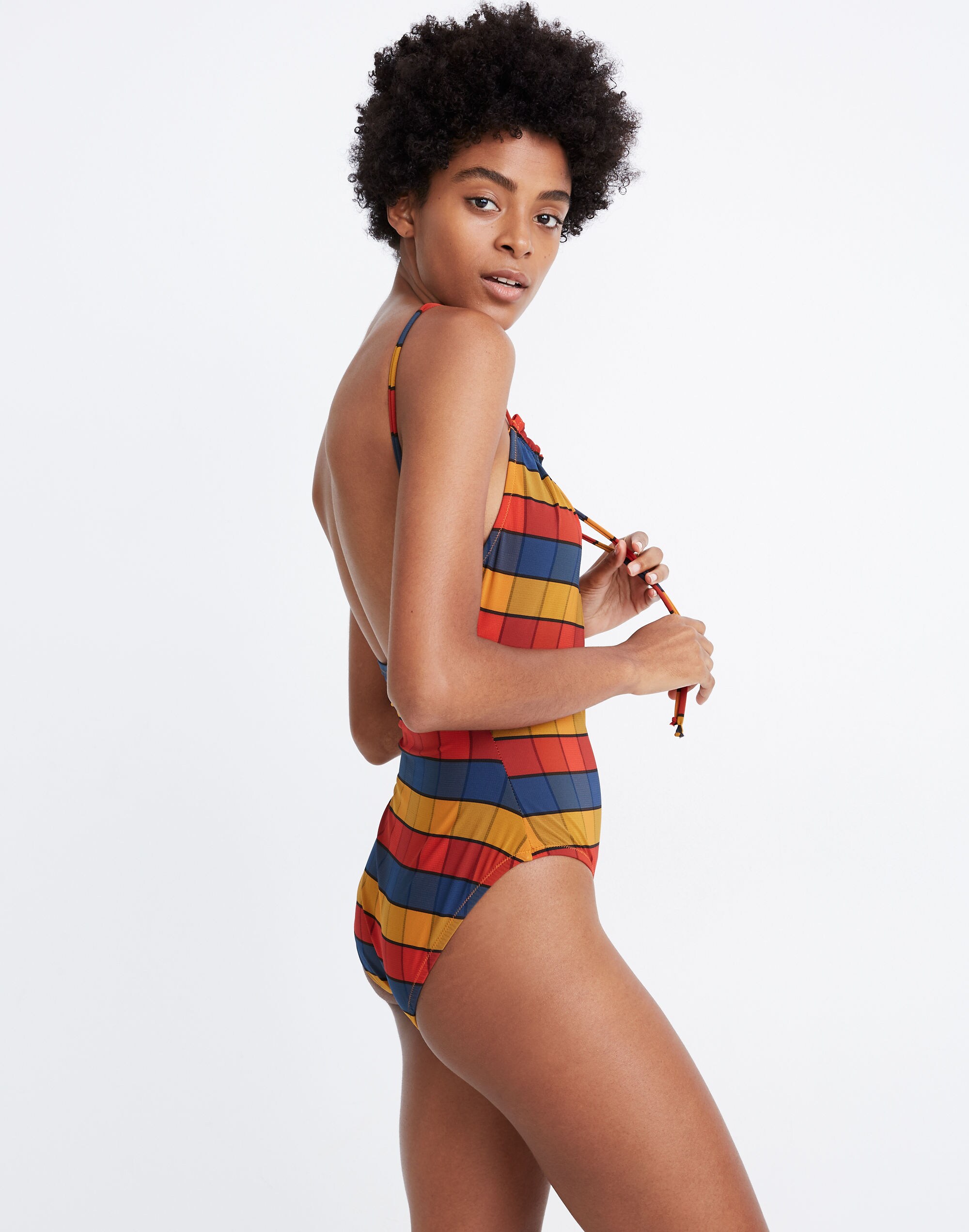 Madewell Second Wave Ruffled Drawstring One-Piece Swimsuit in Rainbow Check
