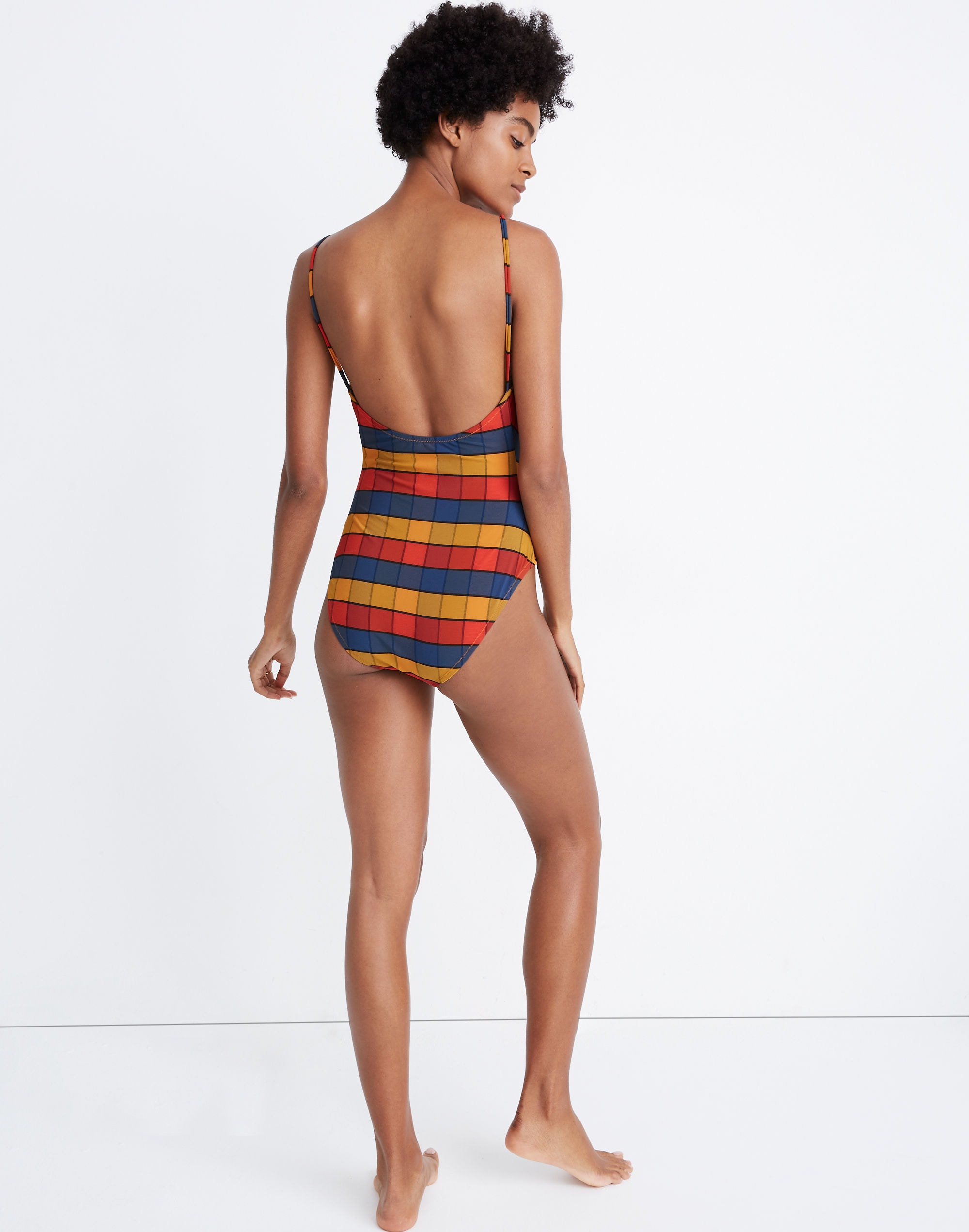 Madewell Second Wave Ruffled Drawstring One-Piece Swimsuit in Rainbow Check