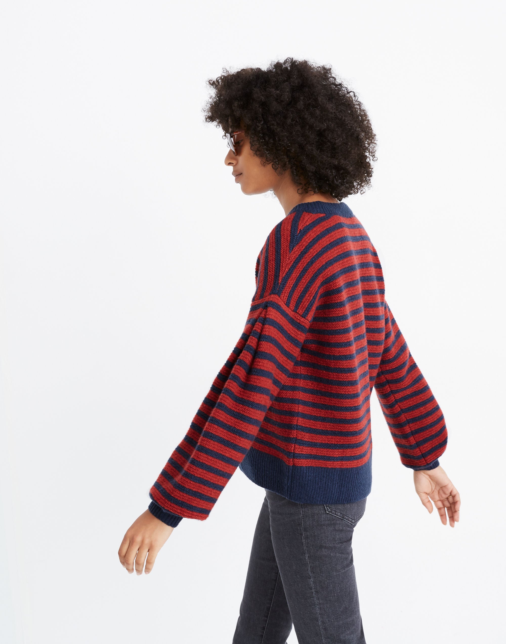 Striped Grady Balloon-Sleeve Pullover Sweater in Coziest Yarn