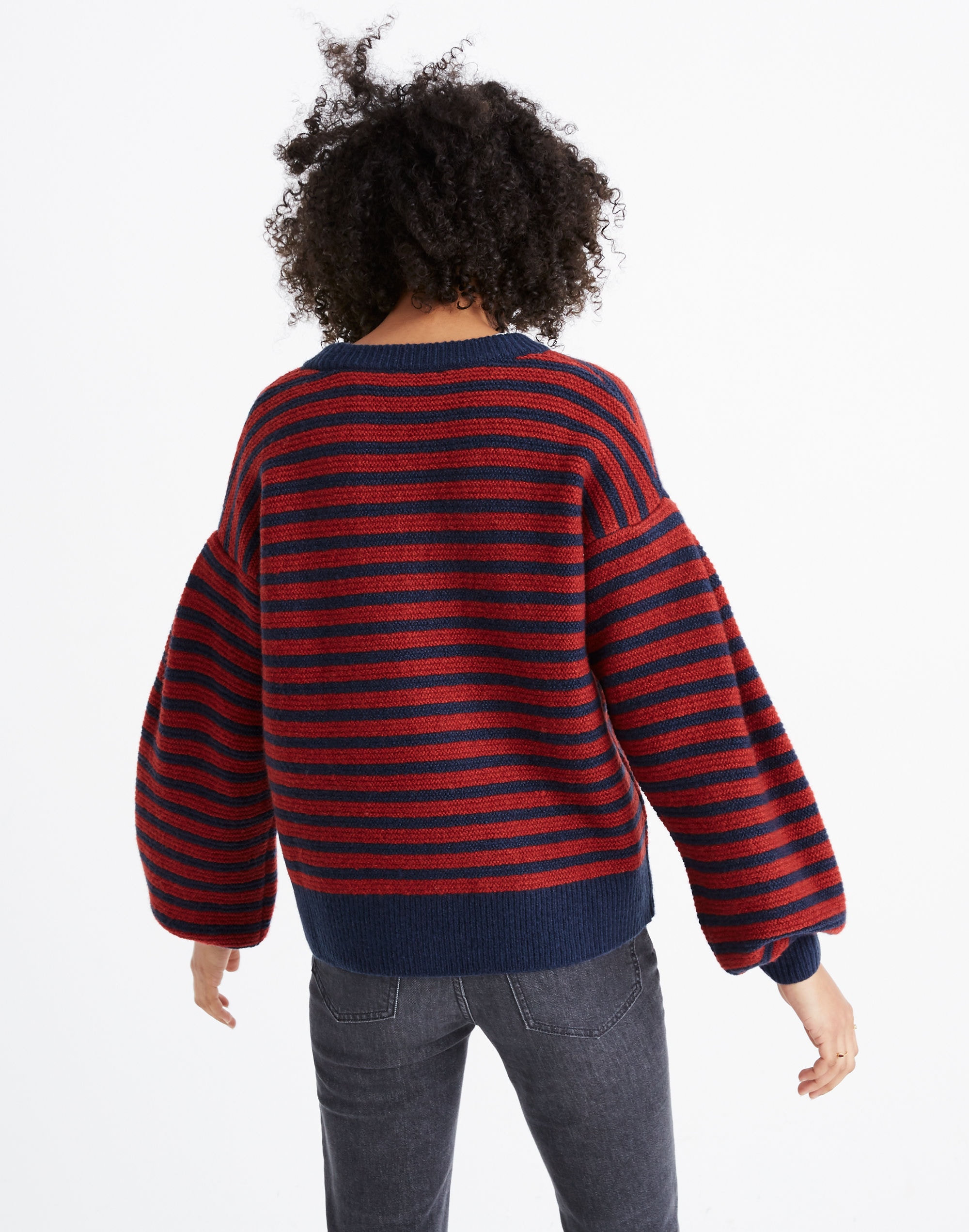 Striped Grady Balloon-Sleeve Pullover Sweater in Coziest Yarn
