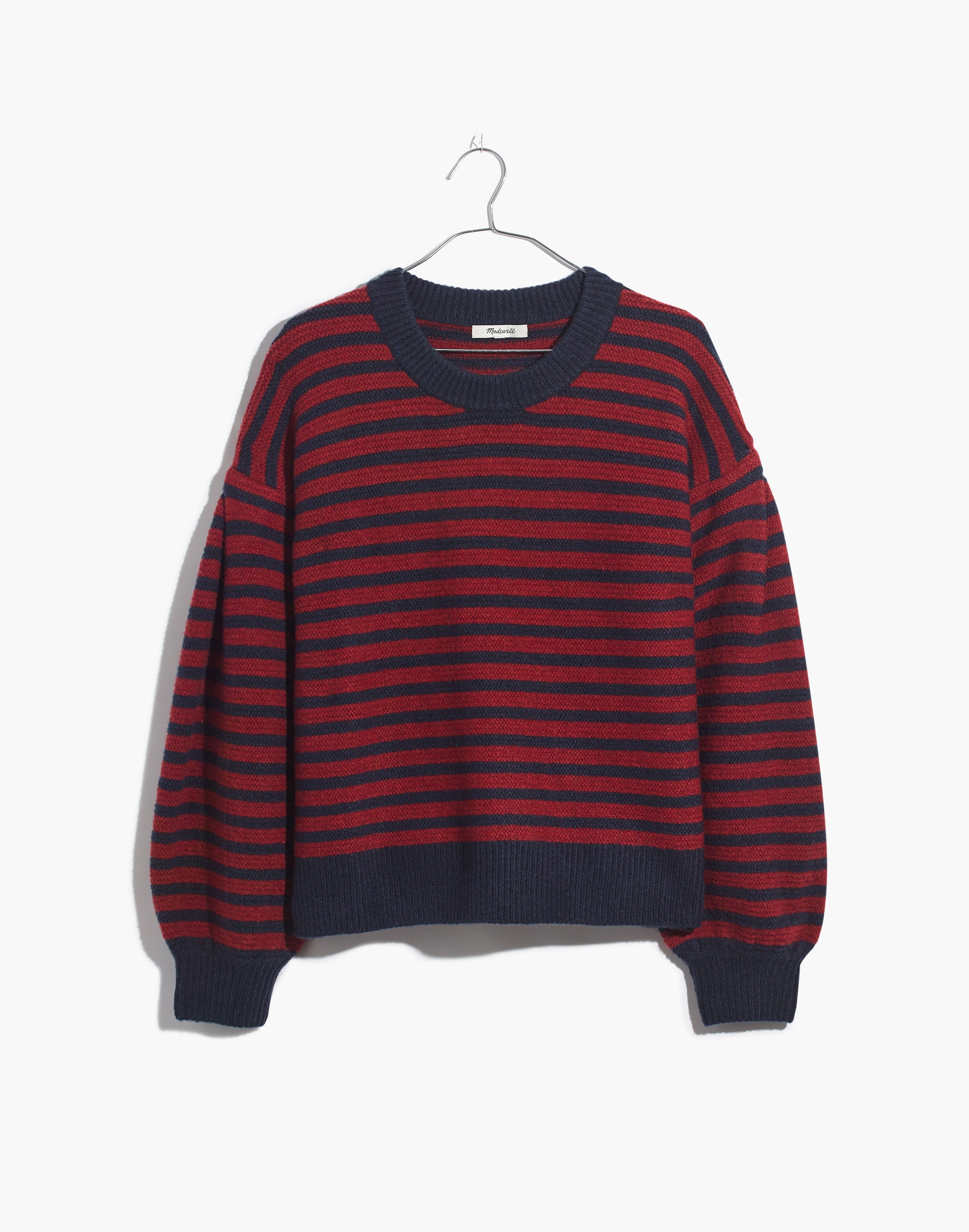 Striped Grady Balloon-Sleeve Pullover Sweater in Coziest Yarn